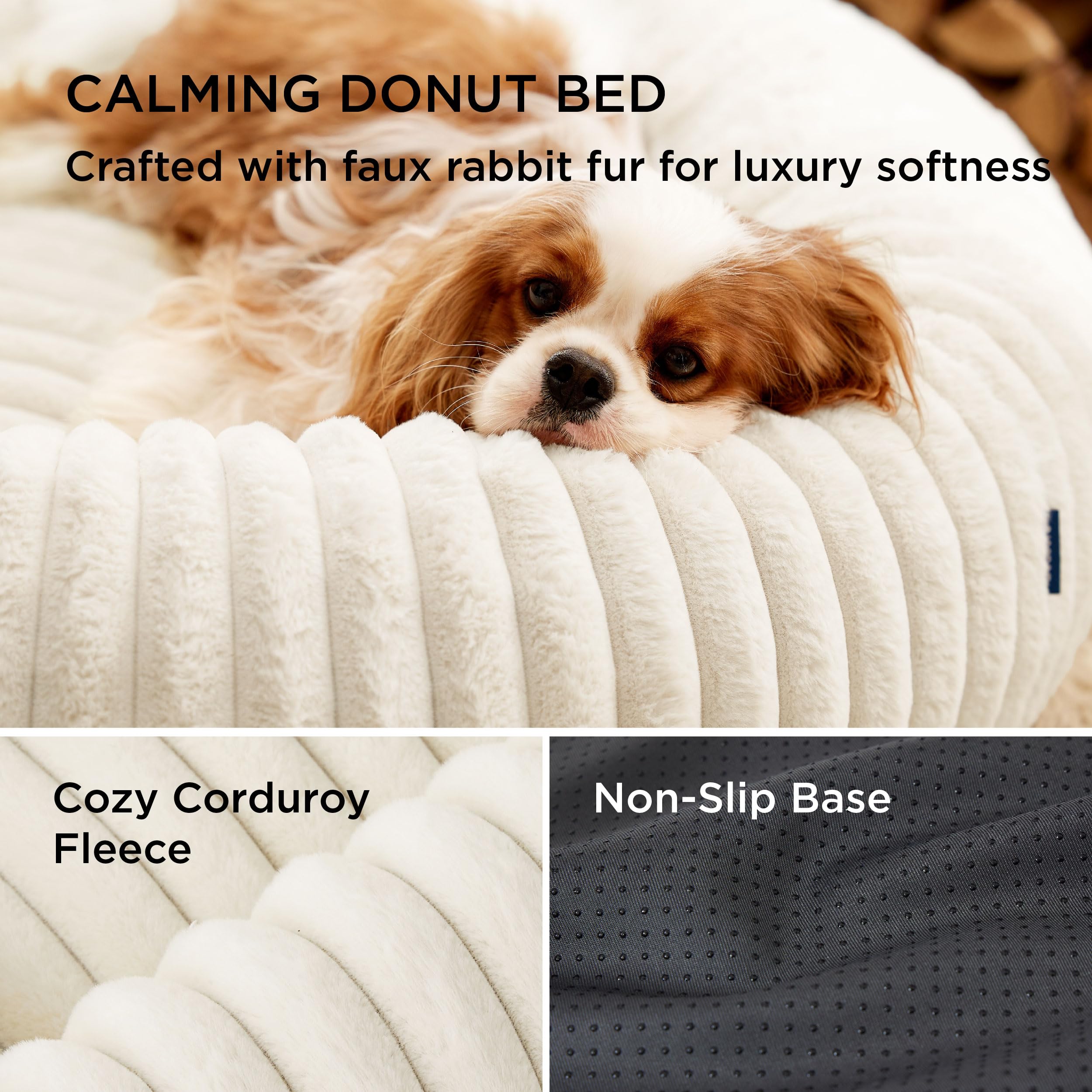 Bedsure ComfyFleece Donut Dog Bed, Medium 30x30x8 inches, Washable Faux Fur, Cream, Anti-Slip Bottom, Model BB4T9A9W0