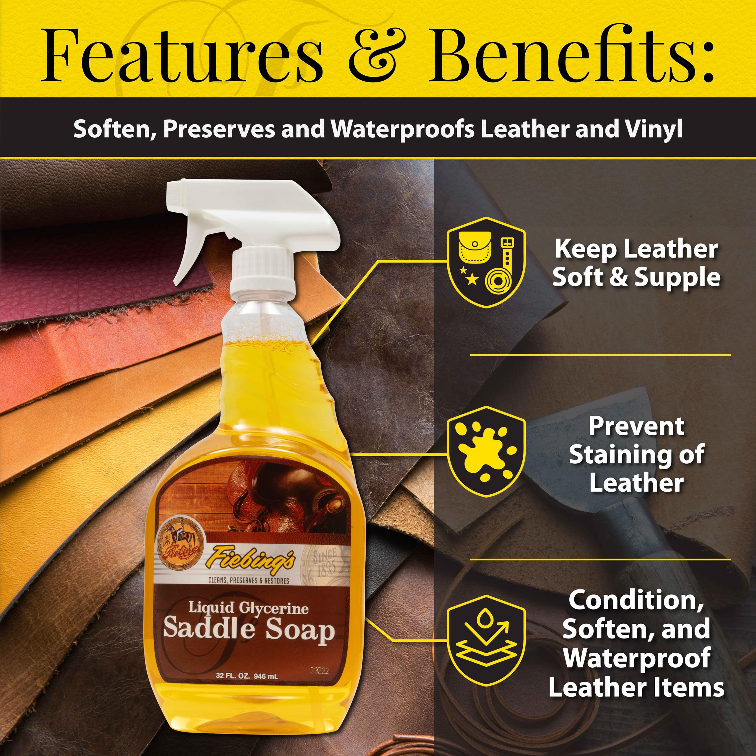 Tough 1 Fiebing's Liquid Glycerine Saddle Soap - 32 oz Leather Cleaner & Conditioner for Car Seats, Shoes, Bags & More
