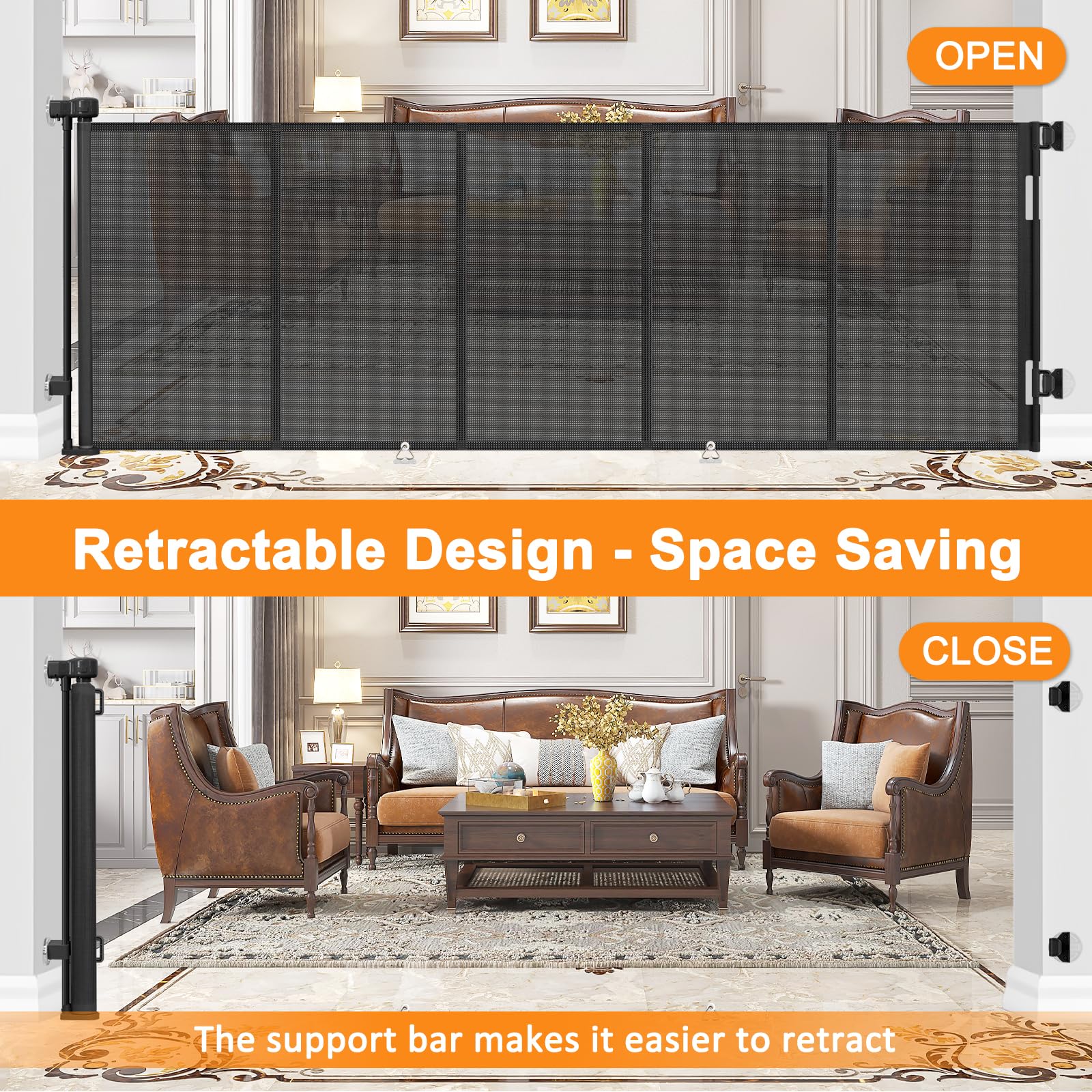 Reinforced No Drilling 100'' Wide Retractable Baby Gates Extra Wide Dog Gate with Support Bars Mesh Baby Gate No Drill Retractab