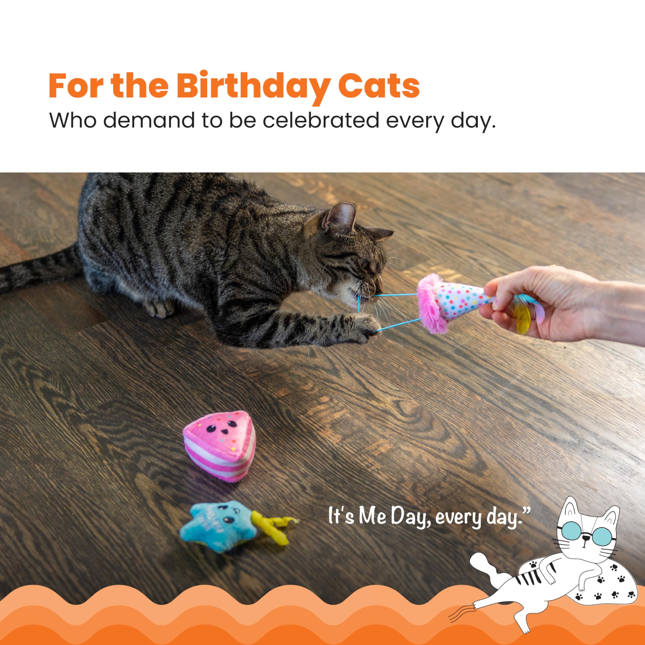 Catstages Happy Purrthday Birthday Themed Plush Catnip Blend Cat Toys, 3Pk, Multicolored