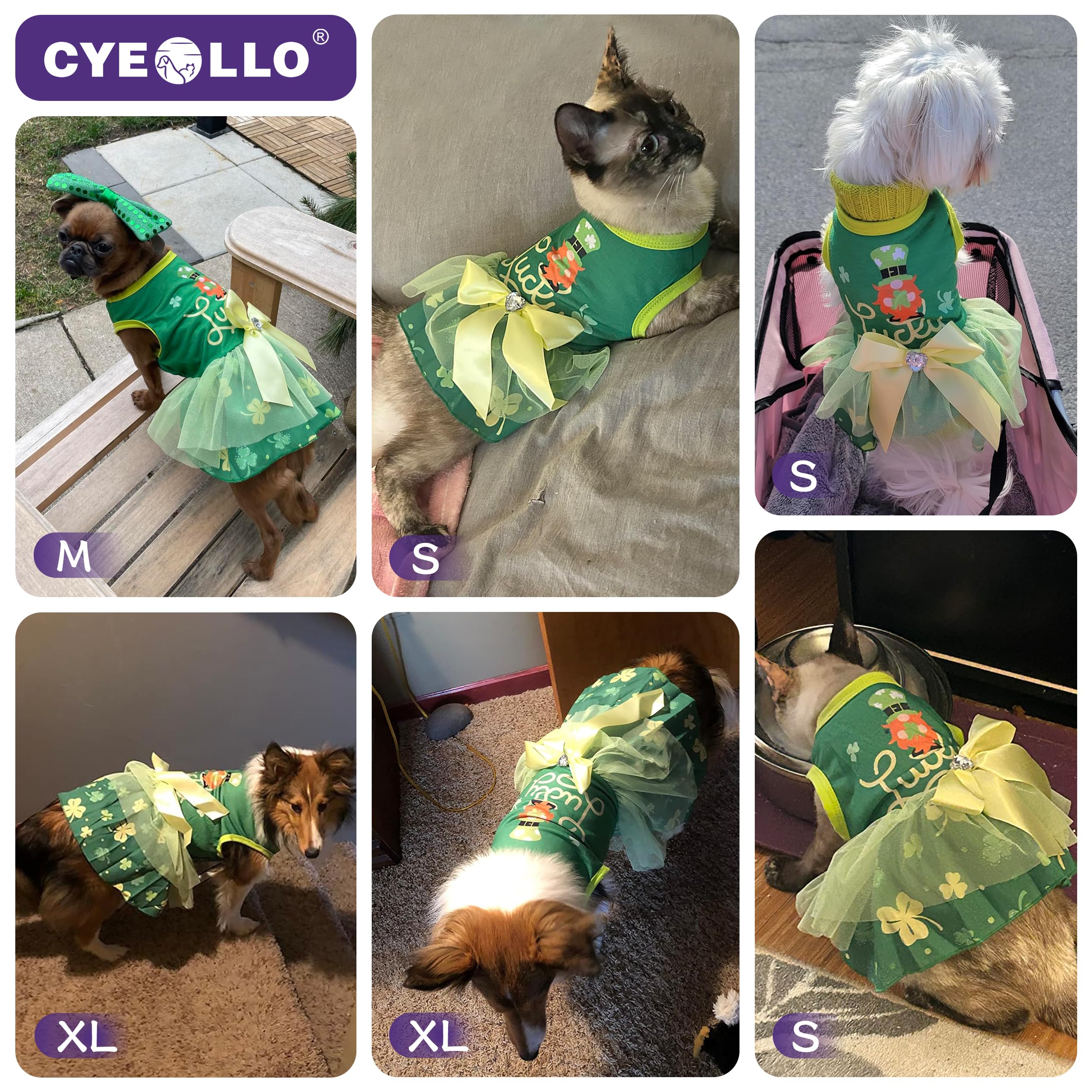 Cyeollo St. Patrick'S Day Dog Dress Lucky Shamrock Dog Tulle Skirt With Bowtie For Small Dogs Puppy