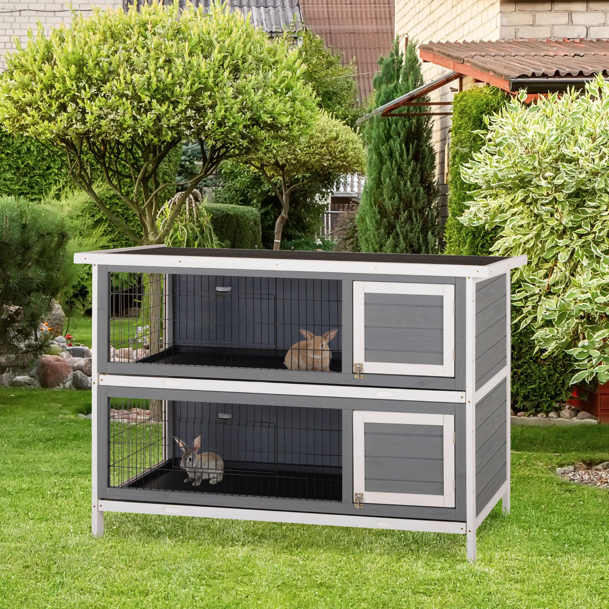 Pawhut 54'' 2-Story Large Rabbit Hutch Bunny Cage Wooden Pet House Small Animal Habitat With Lockable Doors, No Leak Tray And Wa