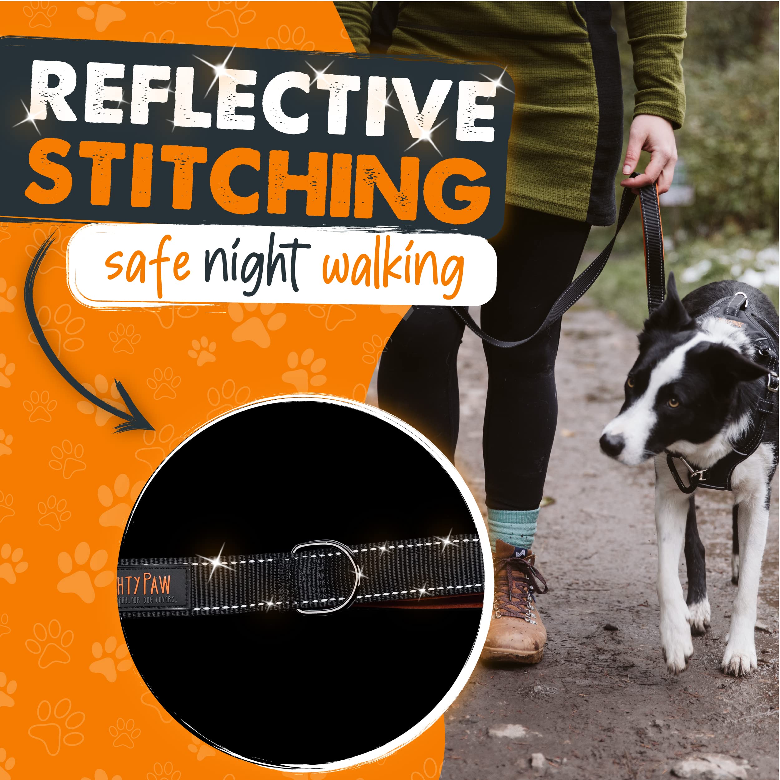 Mighty Paw Two Handle Dog Leash - Paw Leash Built-In Traffic Loop - Carabiner Clip - Double Padded Handles - Suitable For Small To Large Pets - 6' (Black)