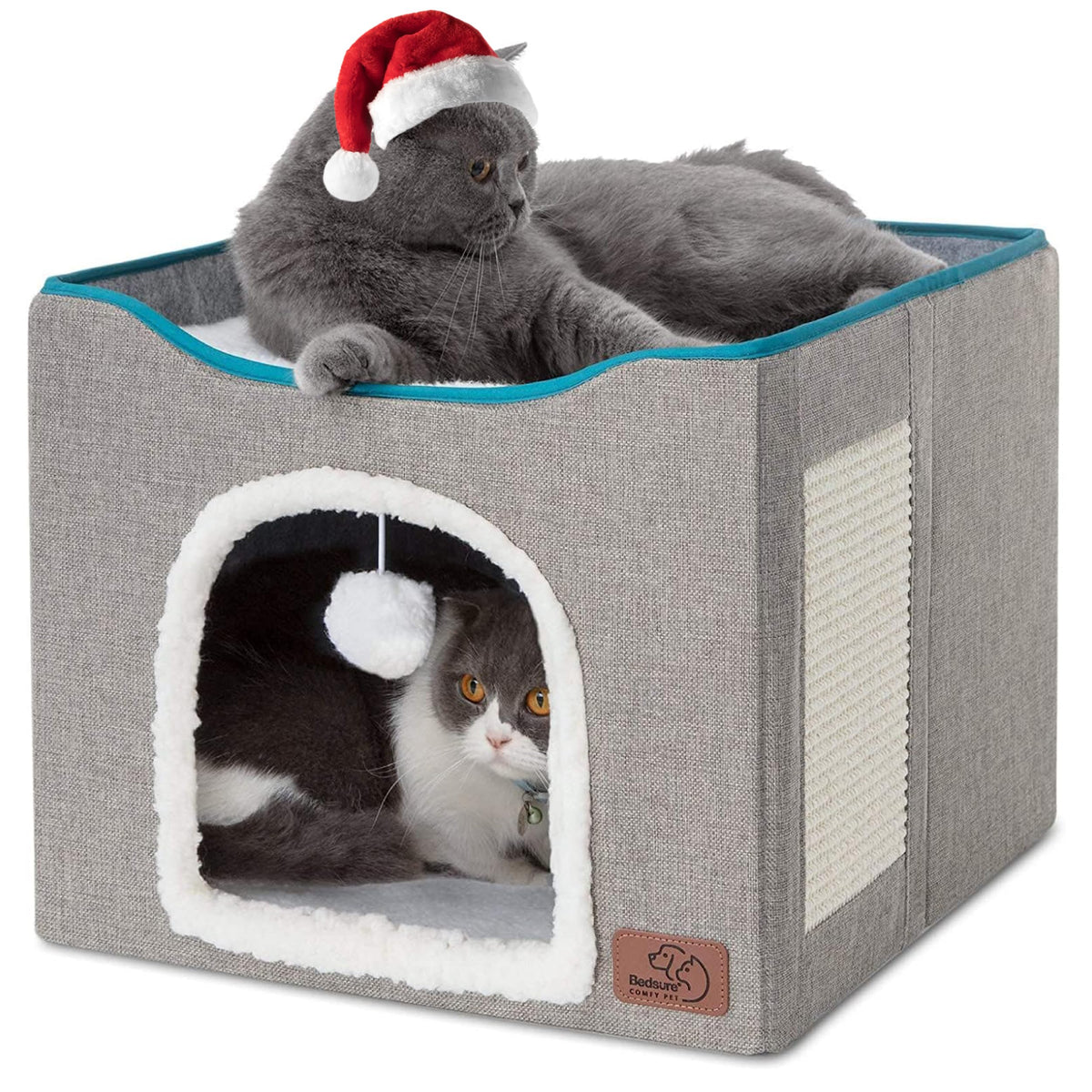Bedsure Cat Beds For Indoor Cats - Large Cat Cave For Pet Cat House With Fluffy Ball Hanging And Scratch Pad, Foldable Cat Hidea