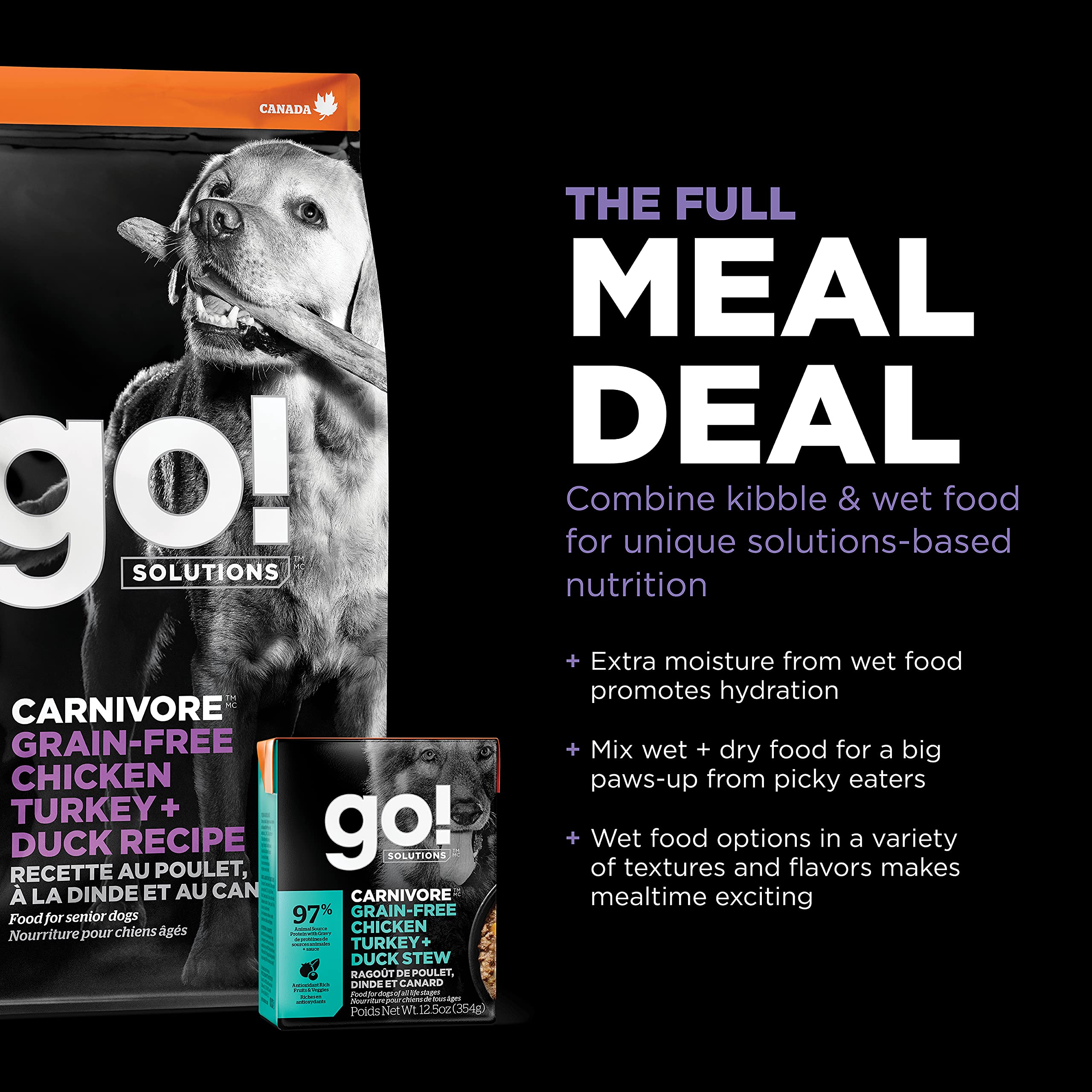 GO! SOLUTIONS Carnivore Grain Free Dog Food for Senior Dogs, 3.5 lb - Chicken, Turkey + Duck Recipe - Protein Rich Dry Dog Food