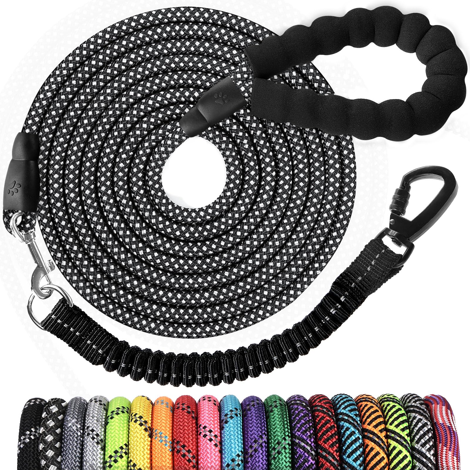Jenico Long Dog Leash 50Ft: Heavy Duty Rope Leashes For Dogs Training With Swivel Lockable Hook Reflective Threads Bungee And Padded Handle - Dog Lead For Large Small Medium Dogs Outside Walking