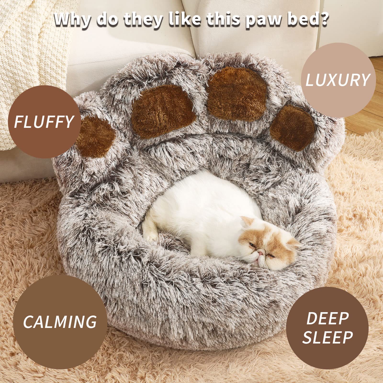 Jiupety Paw Shape Calming Pet Bed, Plush Faux Fur Donut Bed for Dogs & Cats, Machine Washable, Non-Slip Bottom, Medium (22   22
