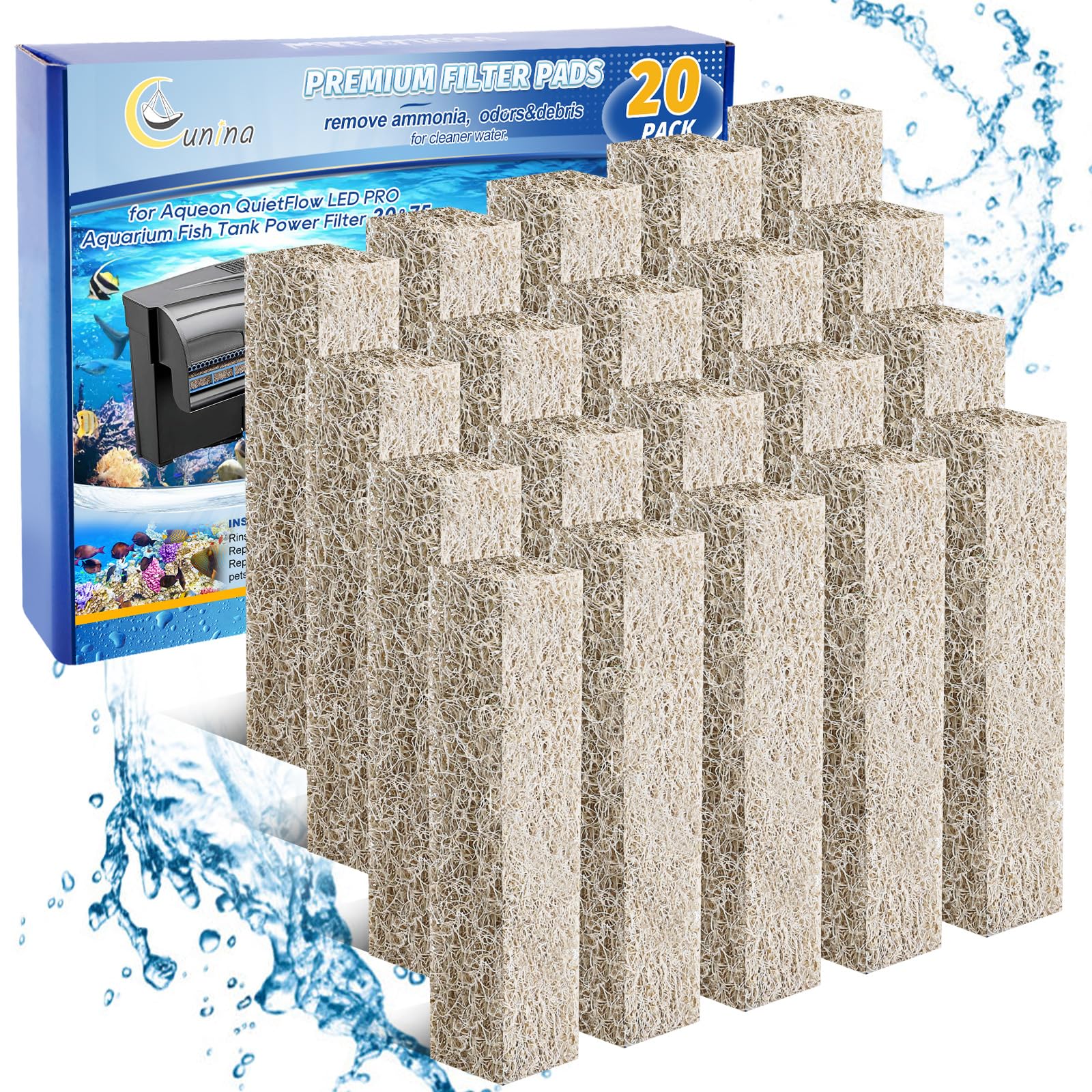 Cunina 20Pcs Ammonia Reducer Filter Pads Compatible With Aqueon Quietflow 20 & 75, Sponge Replacement Filter Cartridges For Aque