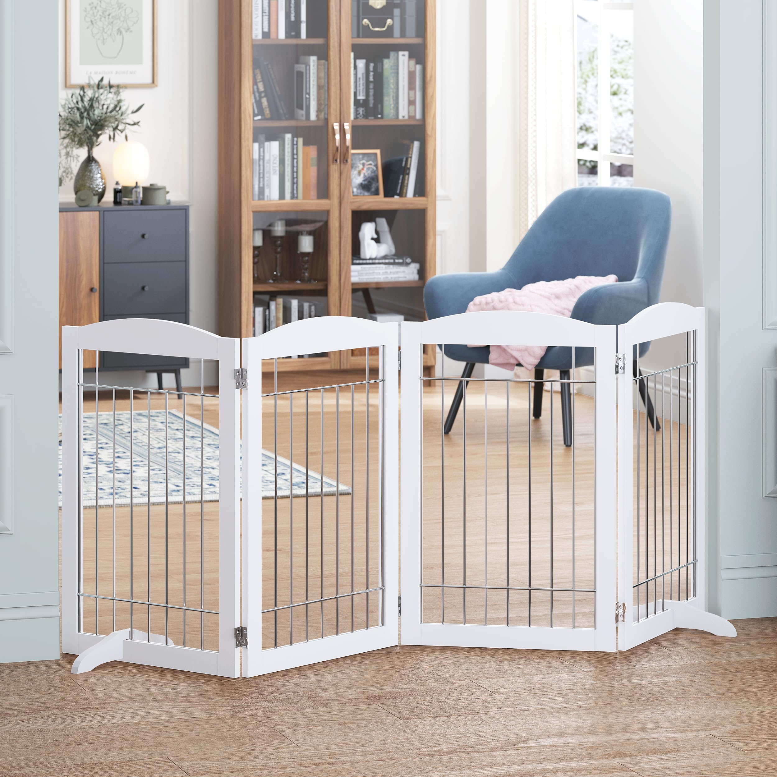 Spirich Extra Wide And Tall Dog Gate For The House, Doorway, Stairs, Freestanding Foldable Wire Pet Gate For Dogs, 80-Inch Wide,30 Inches Tall, White (4 Pannels)