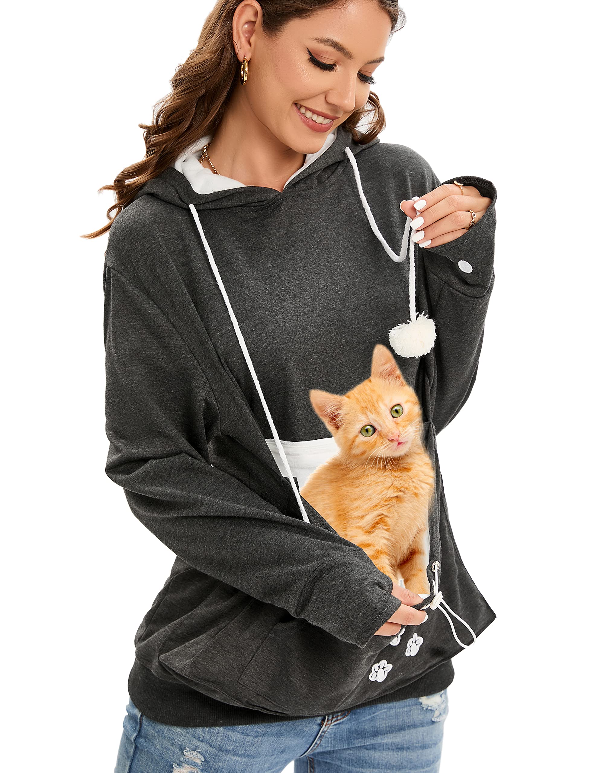 Pet Pouch Hoodie Small Pet Carrier,Dog Cat Pouch Hoodie Sweatshirt Kangaroo Pocket Holder, With Ears Women'S Fit(Deepgray,S)