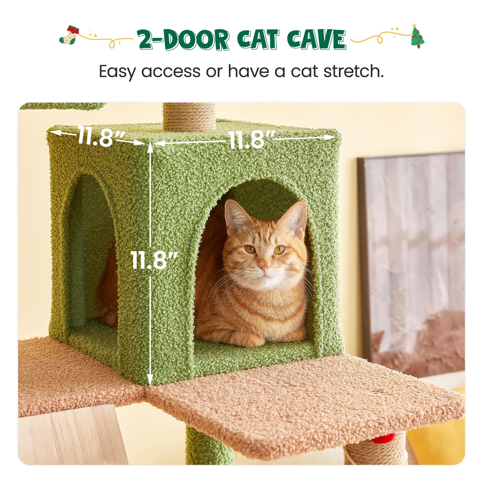 Mwpo Green Modern Cat Tree, 70.1-Inch Large Wood Cat Tower For Indoor Cats, Multi-Level Tall Cat Condo With 2 Padded Perches, Ha