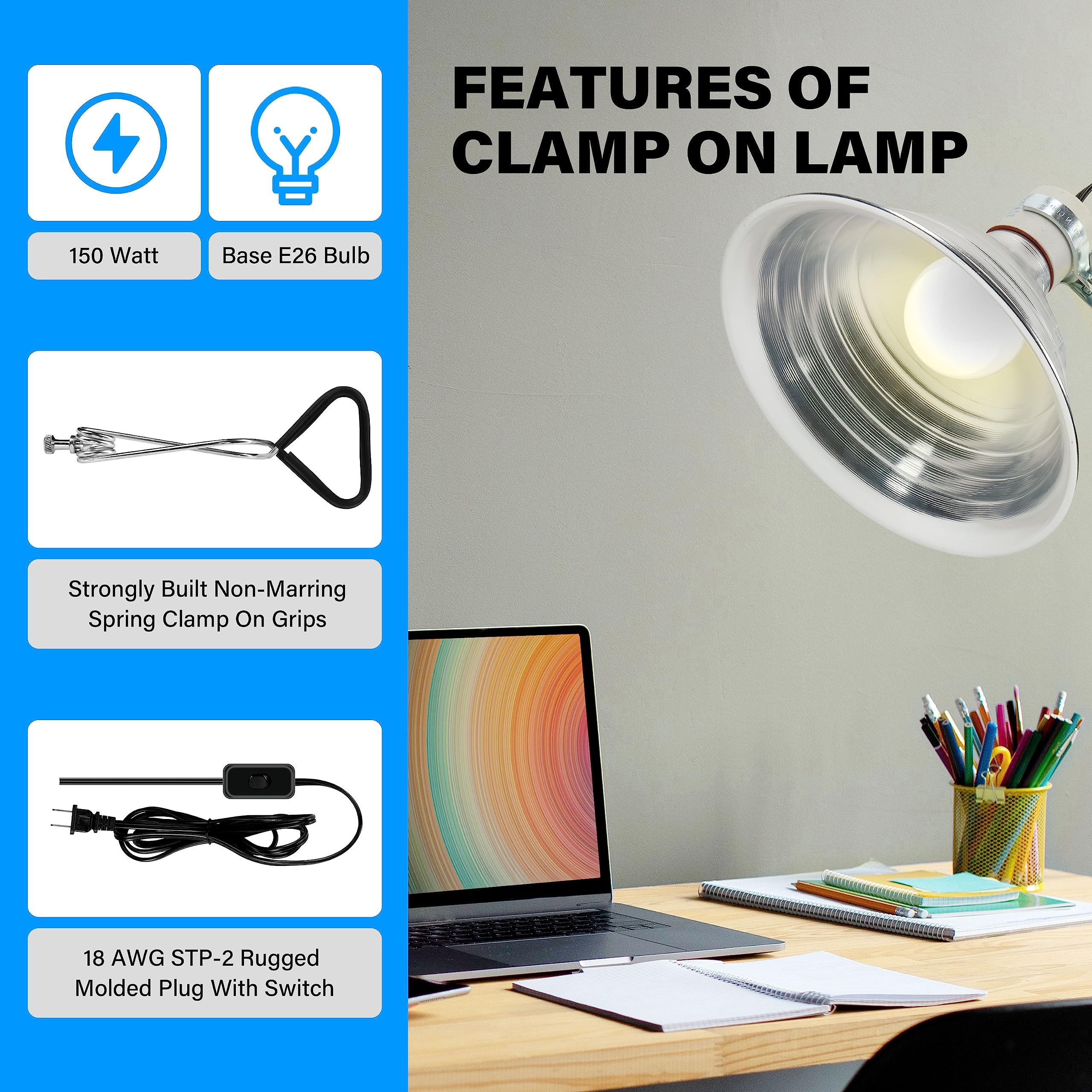 Simple Deluxe 2-Pack 75W Ceramic Reptile Heat Lamp Bulb & 150W Clamp Light With 8.5'' Aluminum Reflector Combo For Amphibian Pet