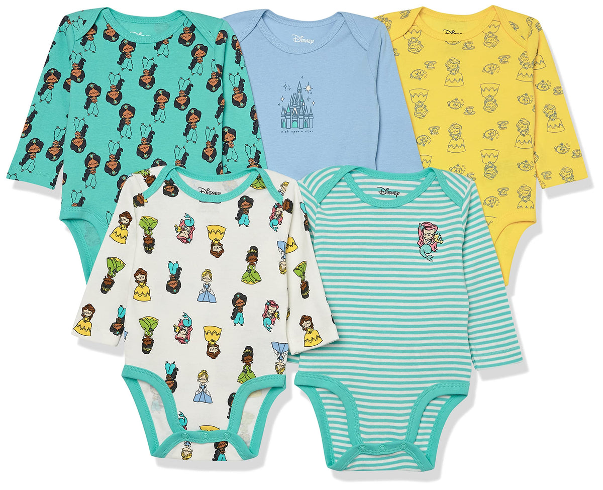 Amazon Essentials Disney  Star Wars  Princess Baby Girls Long-Sleeve Bodysuits, Pack Of 5, Princess Wish, Newborn