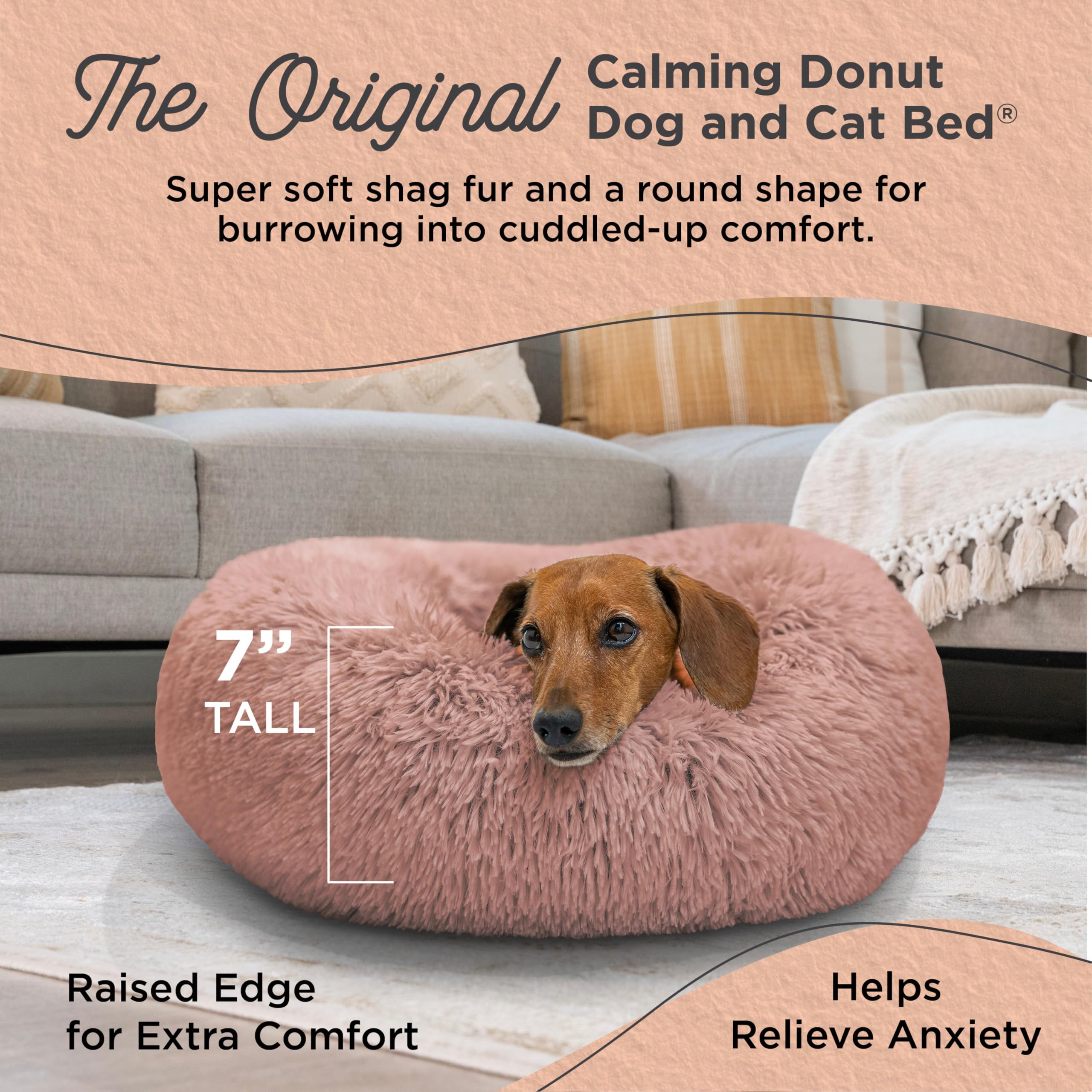 Best Friends By Sheri The Original Calming Donut Dog And Cat Bed In Shag Fur, Dusty Rose, Small, 23X23