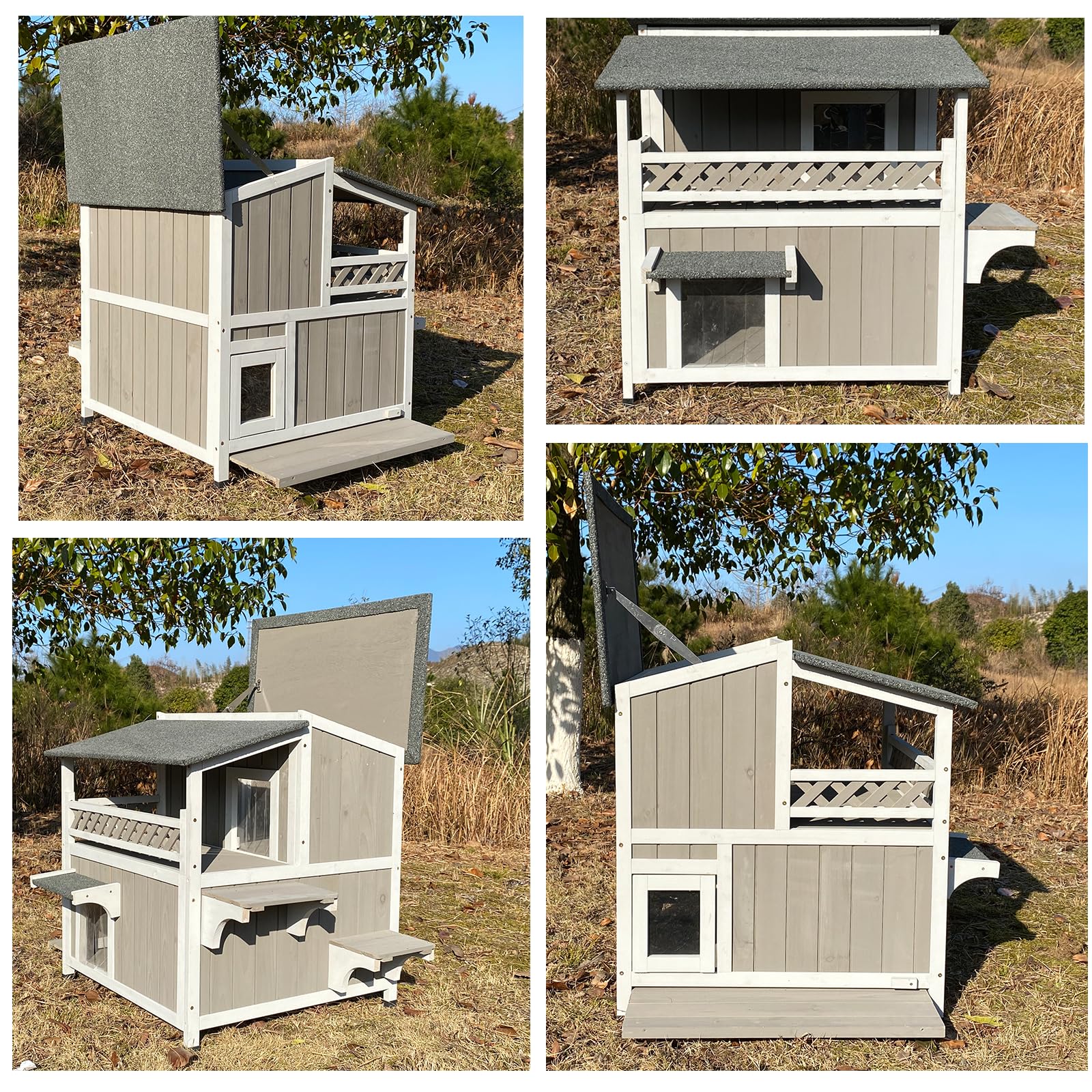 Gowoodhut Feral Cat Shelter Outdoor Weatherproof Houses For Cats Two Story Wooden Cat House Outside Feral Cat House With Balcony