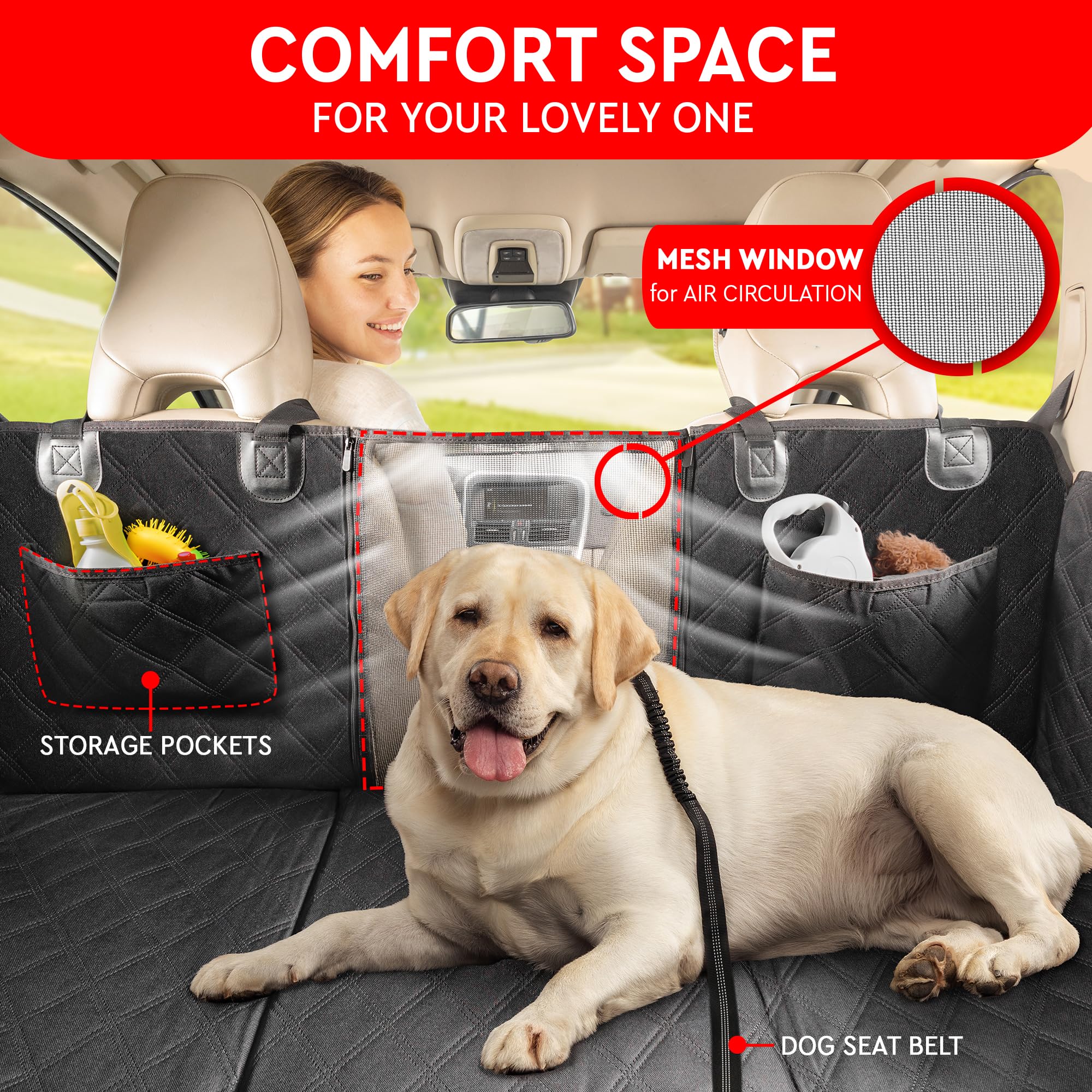 Helteko Back Seat Extender For Dogs - Premium Car Seat Cover With Hard Bottom Holds 400 Lbs, Waterproof Hammock For Pet (Black L