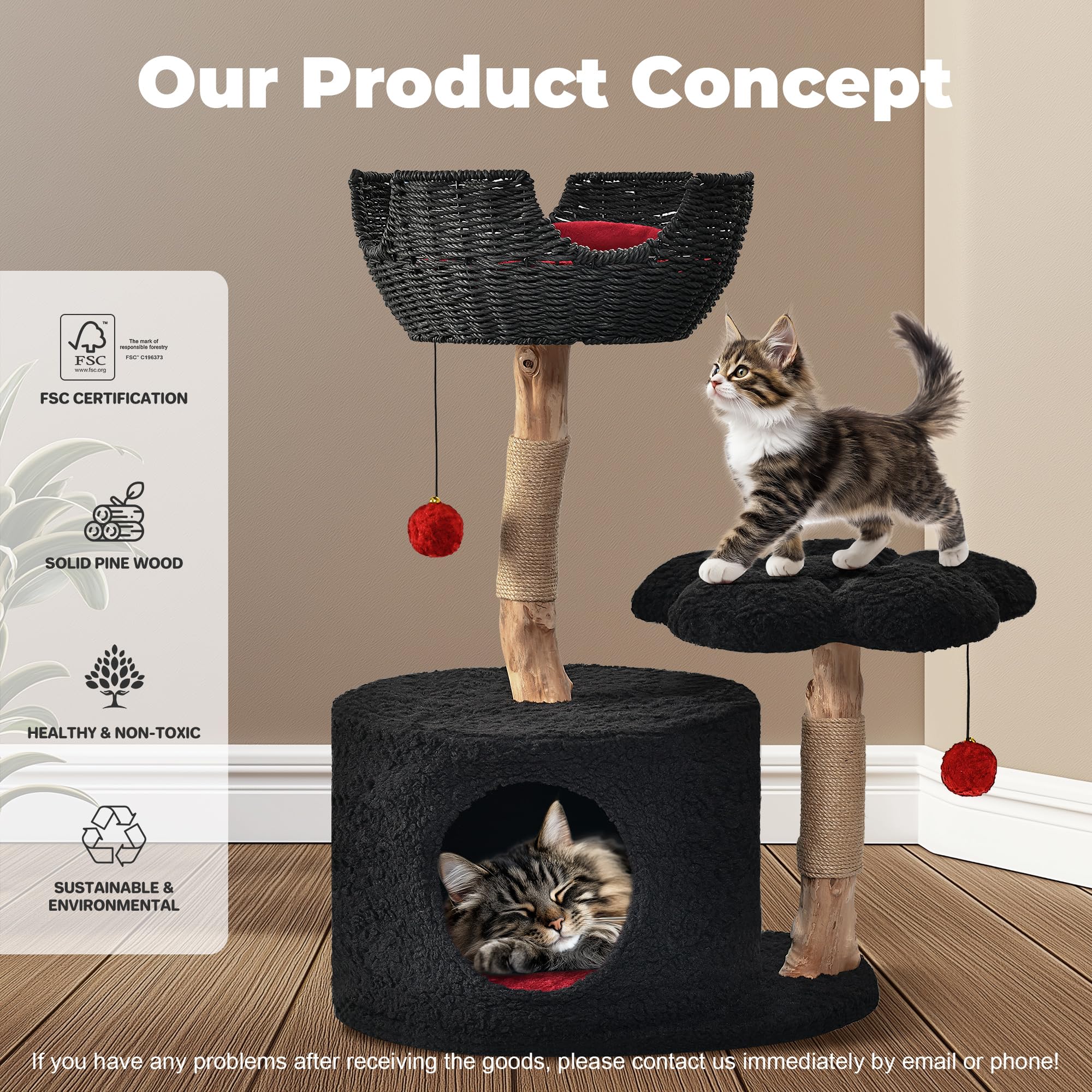 Easyego Modern Cat Tree, Aesthetic Wood Cat Tree Tower for Large Cats, Luxury Cat Condo with Scratching Posts and Flower Platfor