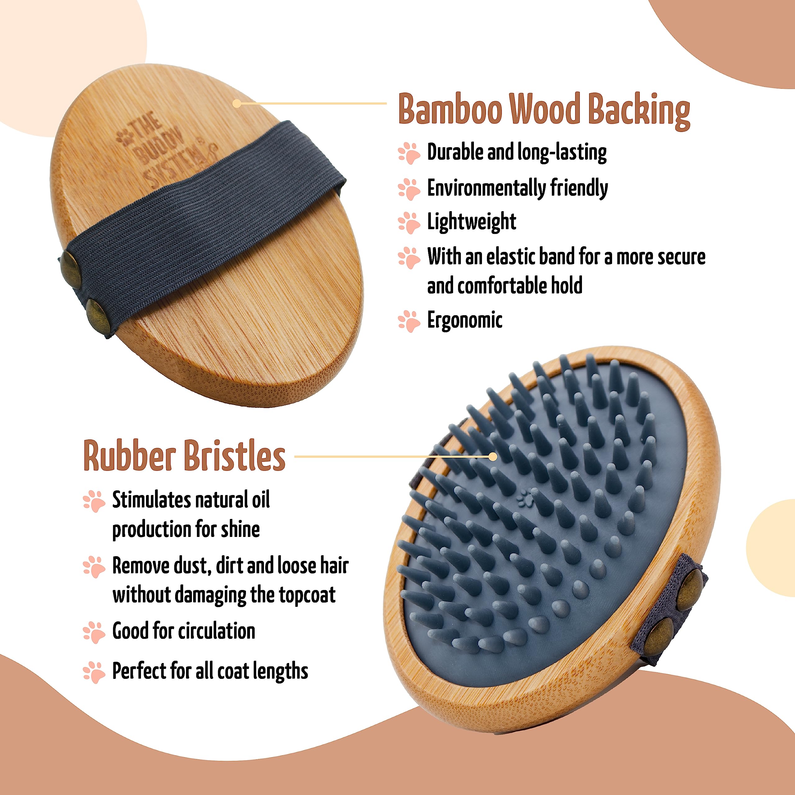 The Buddy System Rubber Pet Close Brush, Soft Touch Oval Palm Brush - Bamboo Massage Handheld With Rubber Bristles And Elastic B