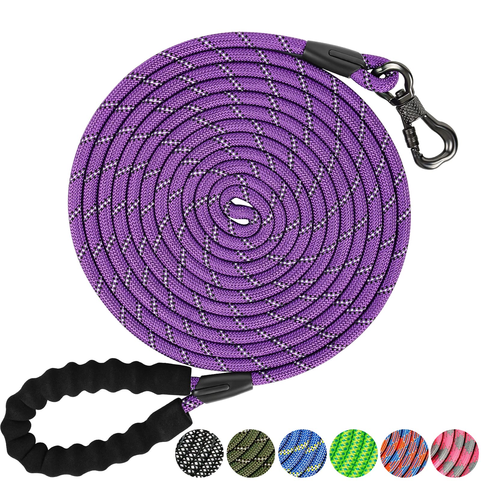 Ntr Strong Dog Leash, 15Ft Reflective Purple Rope Leash With Swivel Lockable Hook And Padded Handle,Cat Puppy Leash Lead For Small Medium Large Dogs Training, Playing, Camping,Or Backyard