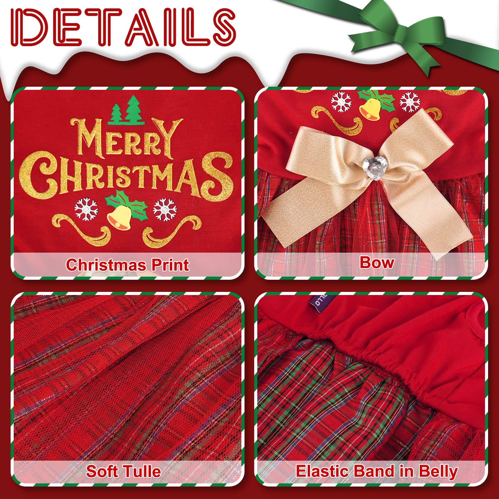 Cyeollo Christmas Dog Dress Holiday Theme Plaid Dog Dresses With Bowtie Doggie Outfits Girl Dog Clothes For Small Dogs