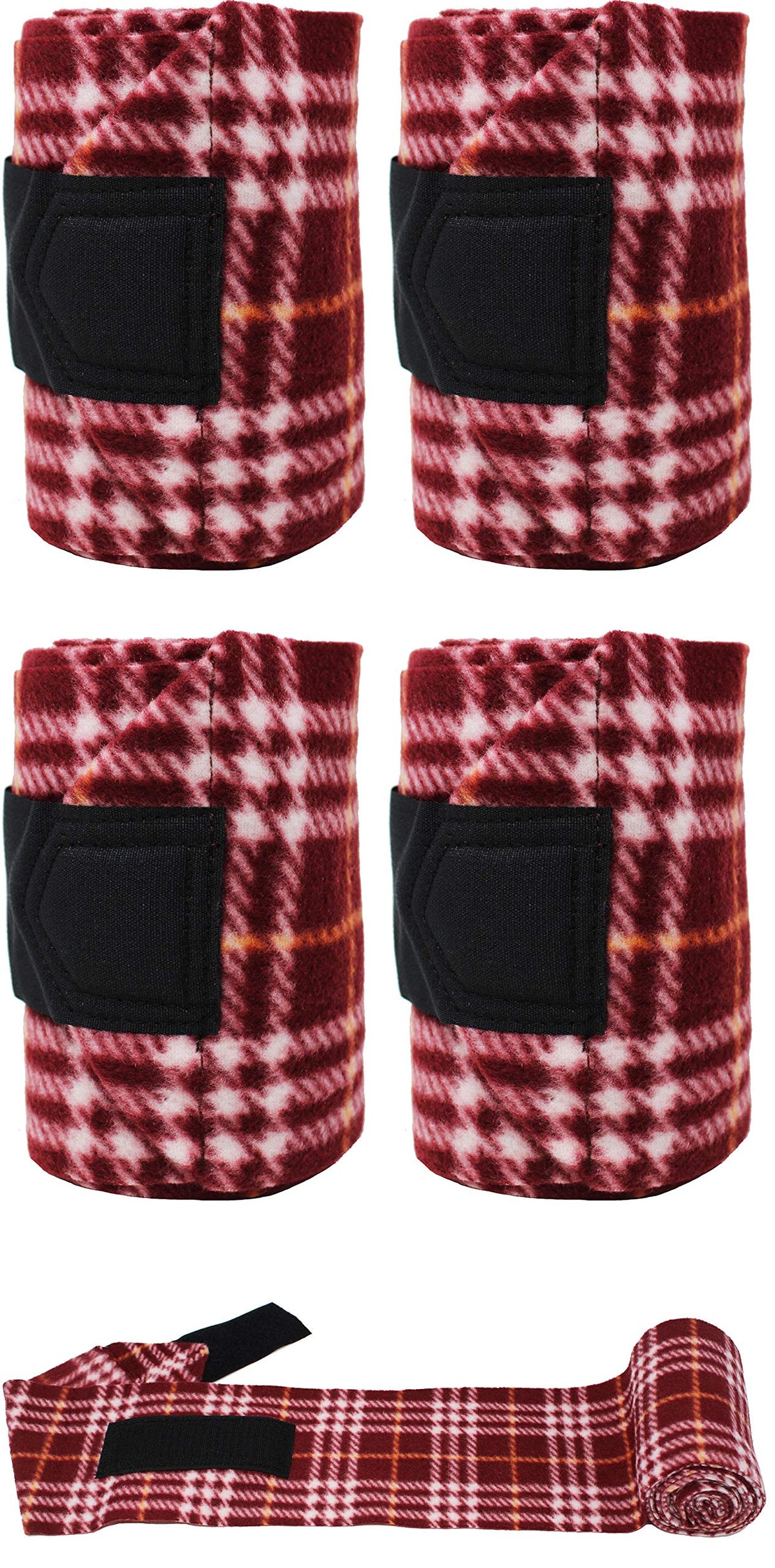 CHALLENGER Horse Tack Grooming Leg Set of 4 Polo Wrap Soft Fleece Burgundy Plaid 95EE03