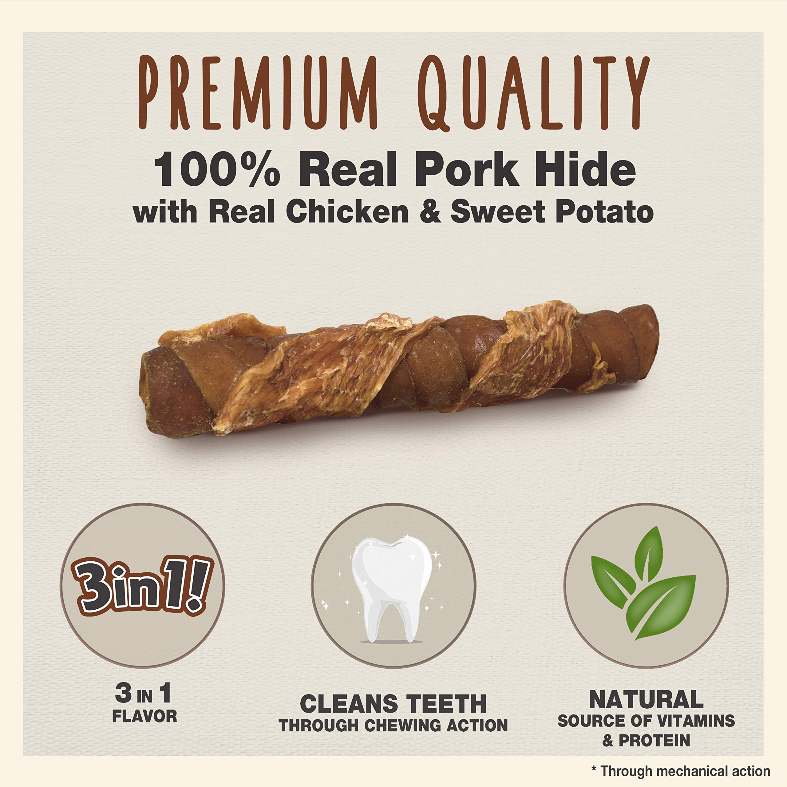 Cadet Gourmet Triple Chews Dog Treats - Long-Lasting Pork Hide Sticks with Sweet Potato & Chicken, 6.3 oz, Healthy for Small & Large Dogs