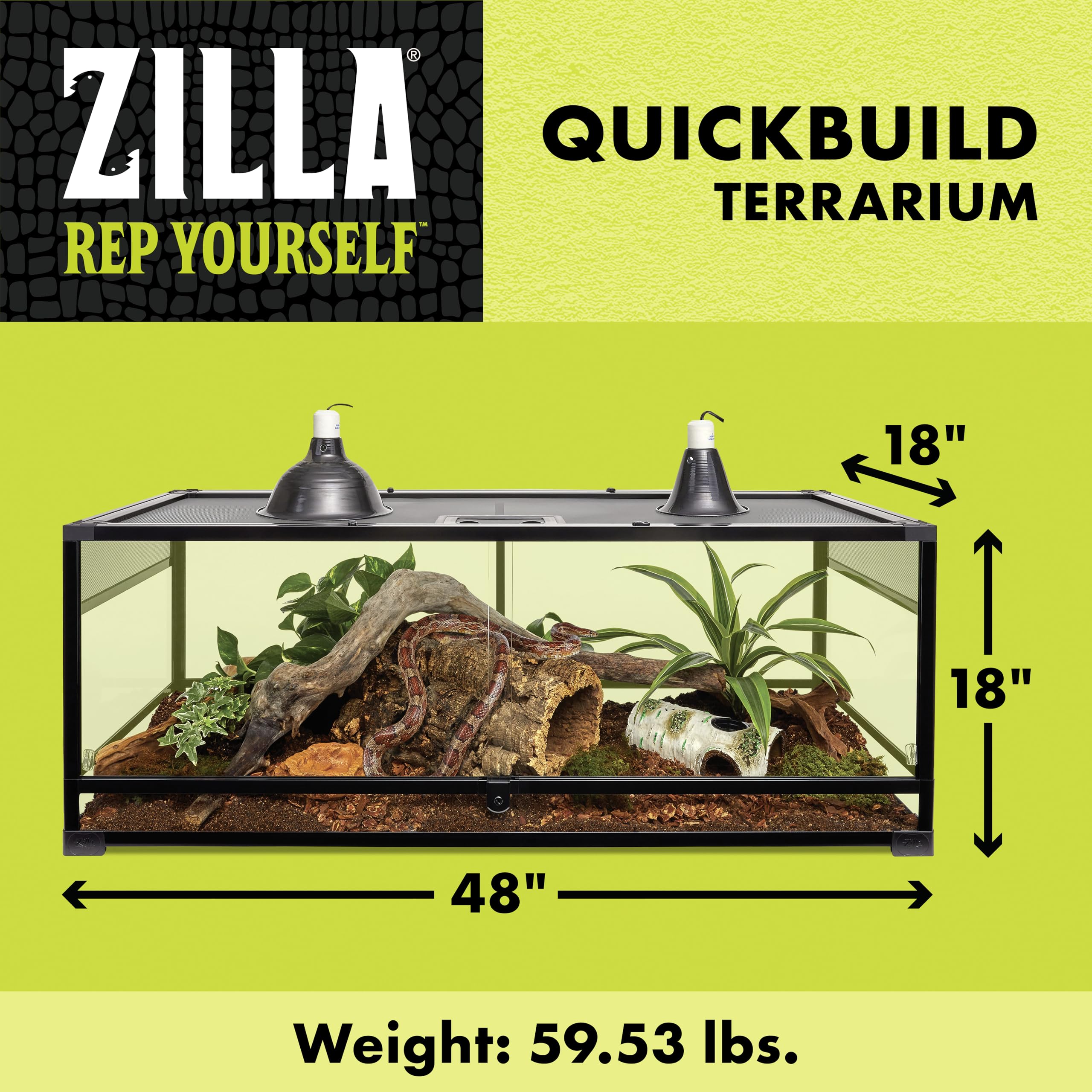 Zilla Quickbuild Reptile 65 Gallon Glass Terrarium Habitat With Sliding Door For Geckos, Snakes, Lizards, Frogs, Turtles, And To