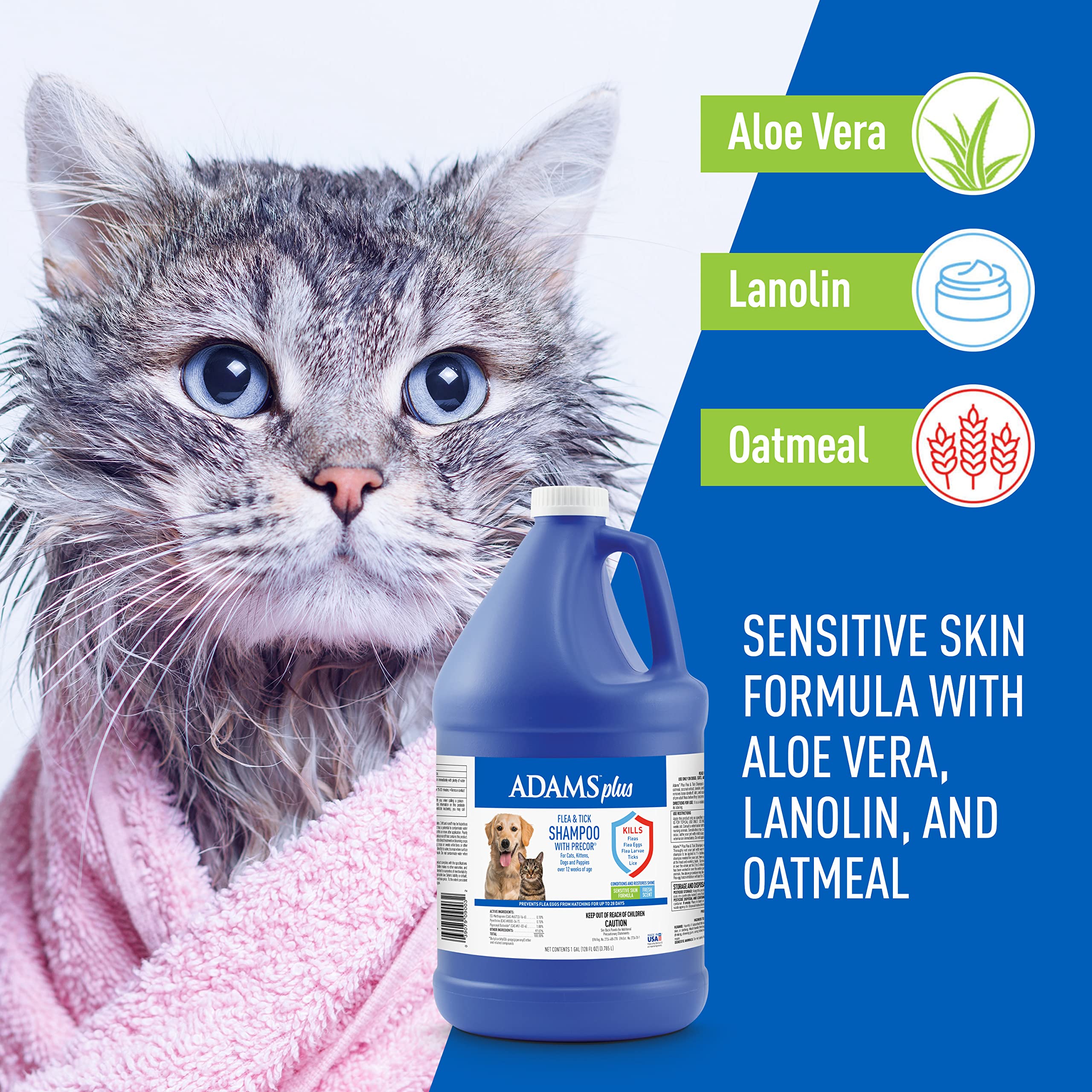 Adams Plus Flea & Tick Shampoo with Precor for Cats, Kittens, Dogs & Puppies Over 12 Weeks Of Age, Sensitive Skin Flea Treatment