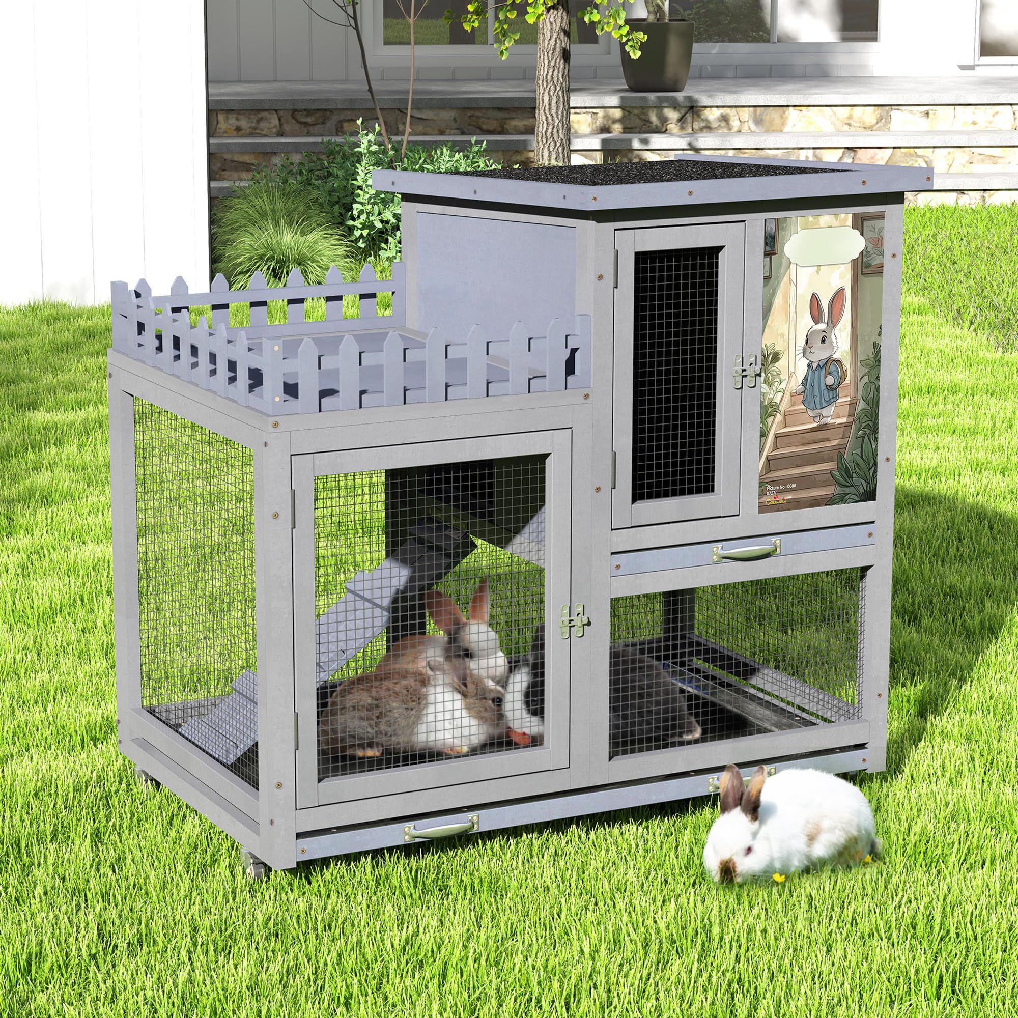 Cozivvovv Wood Rabbit Hutch With Balcony - Small Animal House Bunny Cage On Wheels For Indoor Outdoor, Included Ramp, Pull Out T