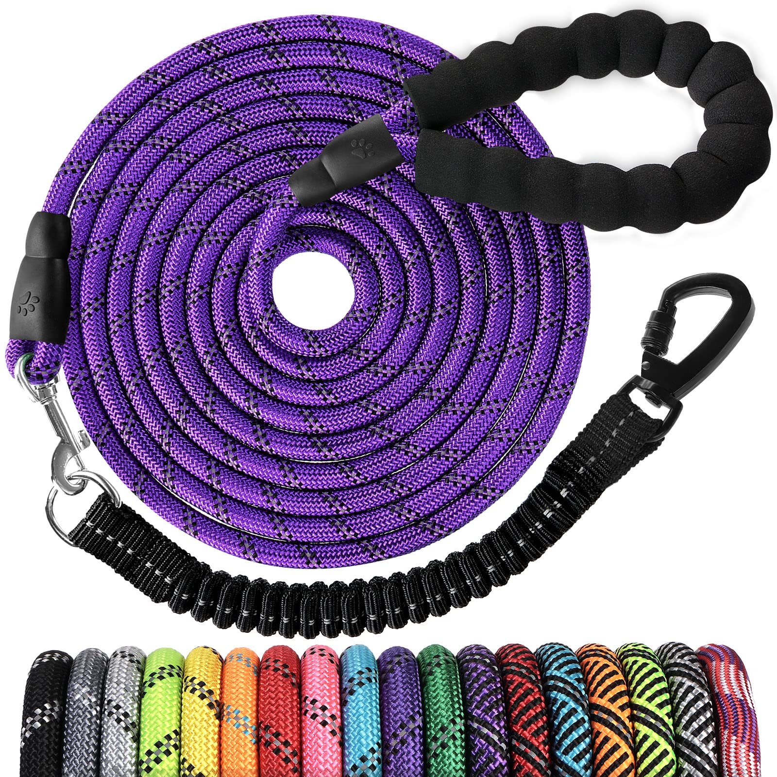 Long Dog Leash 15 Ft: Heavy Duty Rope Leashes For Dogs Training With Swivel Lockable Hook Reflective Threads Bungee And Padded Handle - Dog Lead For Large Small Medium Dogs Outside Walking Hiking