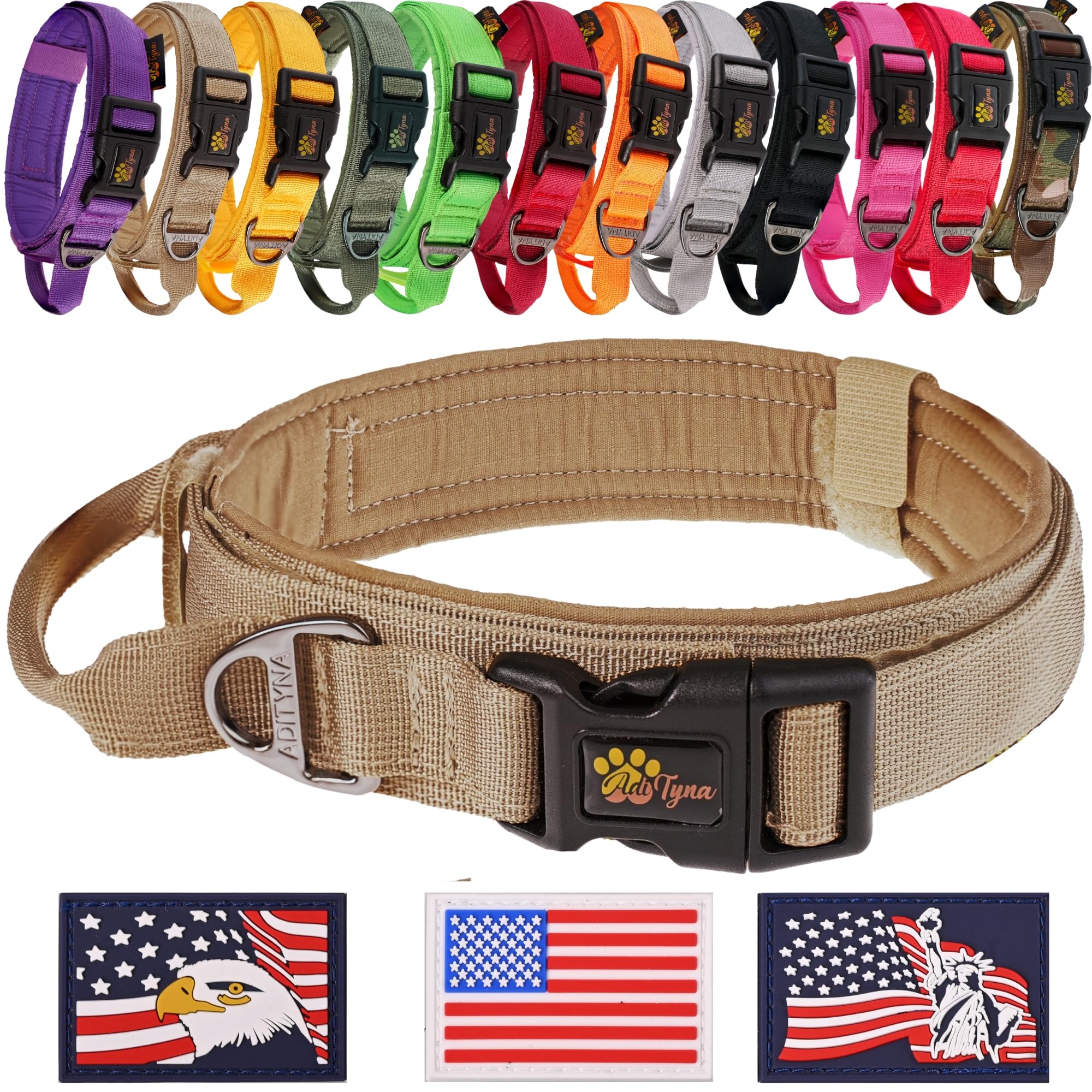 Adityna - Tactical Dog Collar For Large Dogs - Soft Padded, Heavy Duty, Adjustable Dog Collar With Handle For Training And Walki