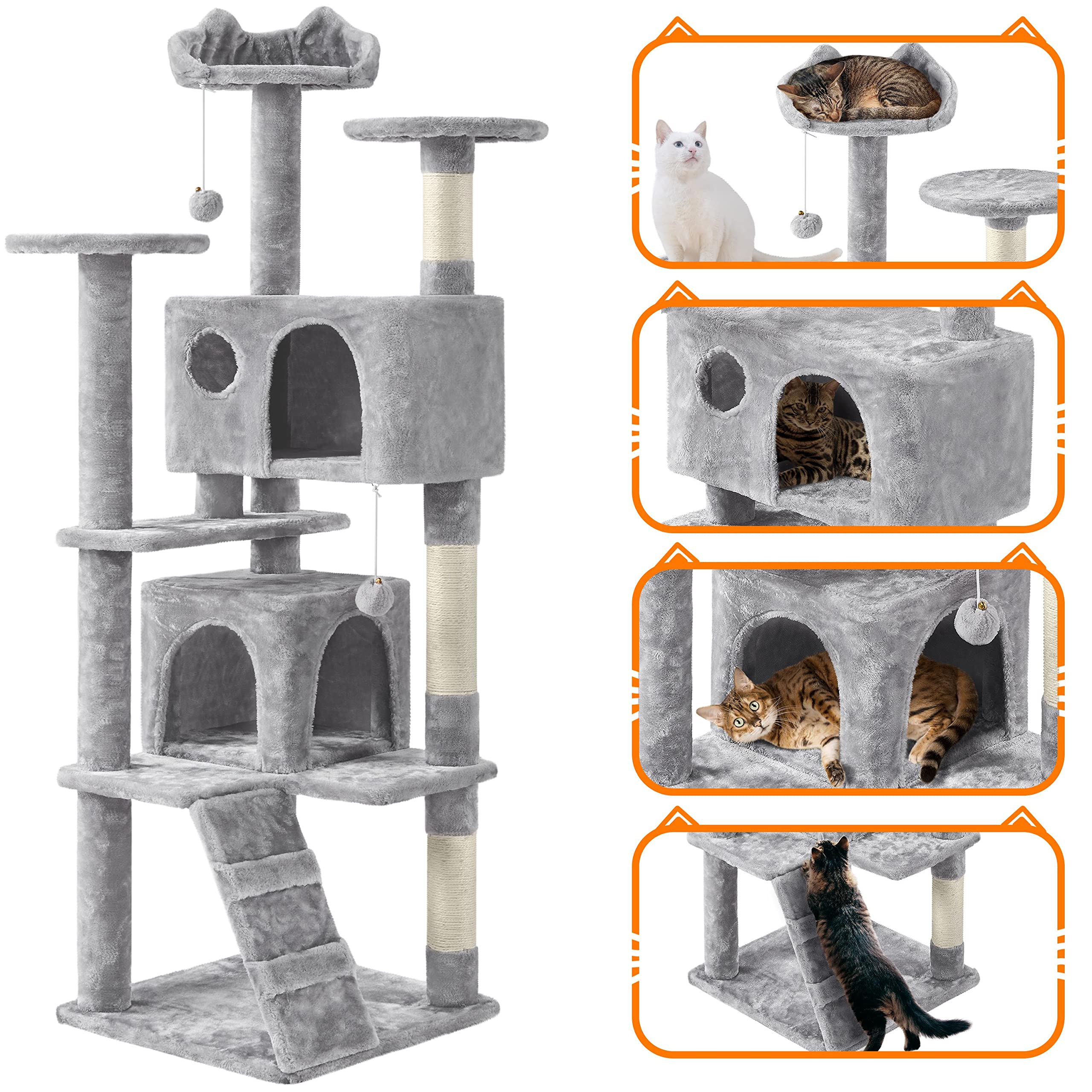 Yaheetech Multi-Level Cat Tree Condo, 61in, Light Gray, Particle Board, Plush, Sisal Scratching Post for Indoor Cats