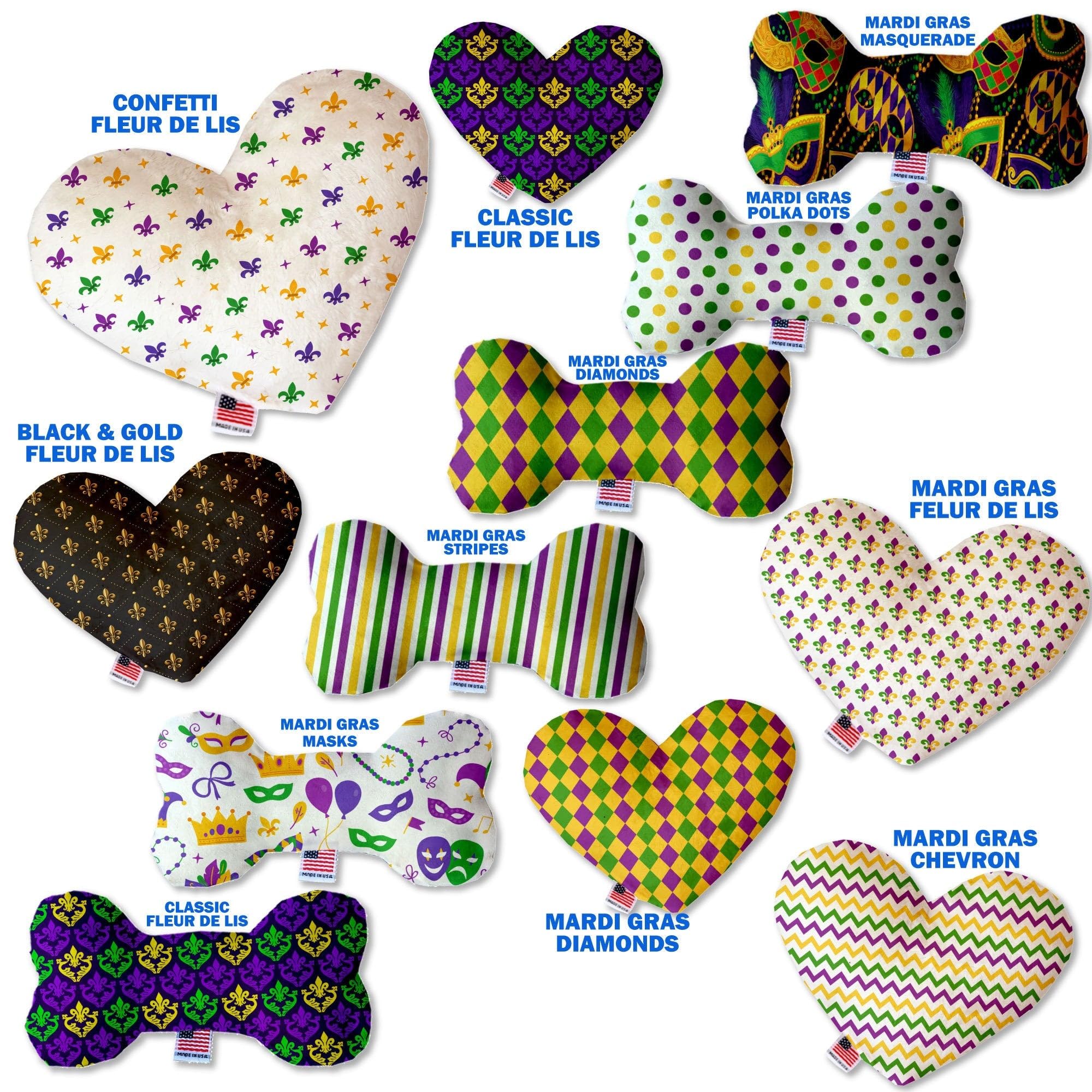 Pet and Dog Plush Heart or Bone Toy, &quot;Mardi Gras Group&quot; (Available in different sizes, and 10 different pattern options!) Mardi Gras Stripes 8&quot; Plush Heart