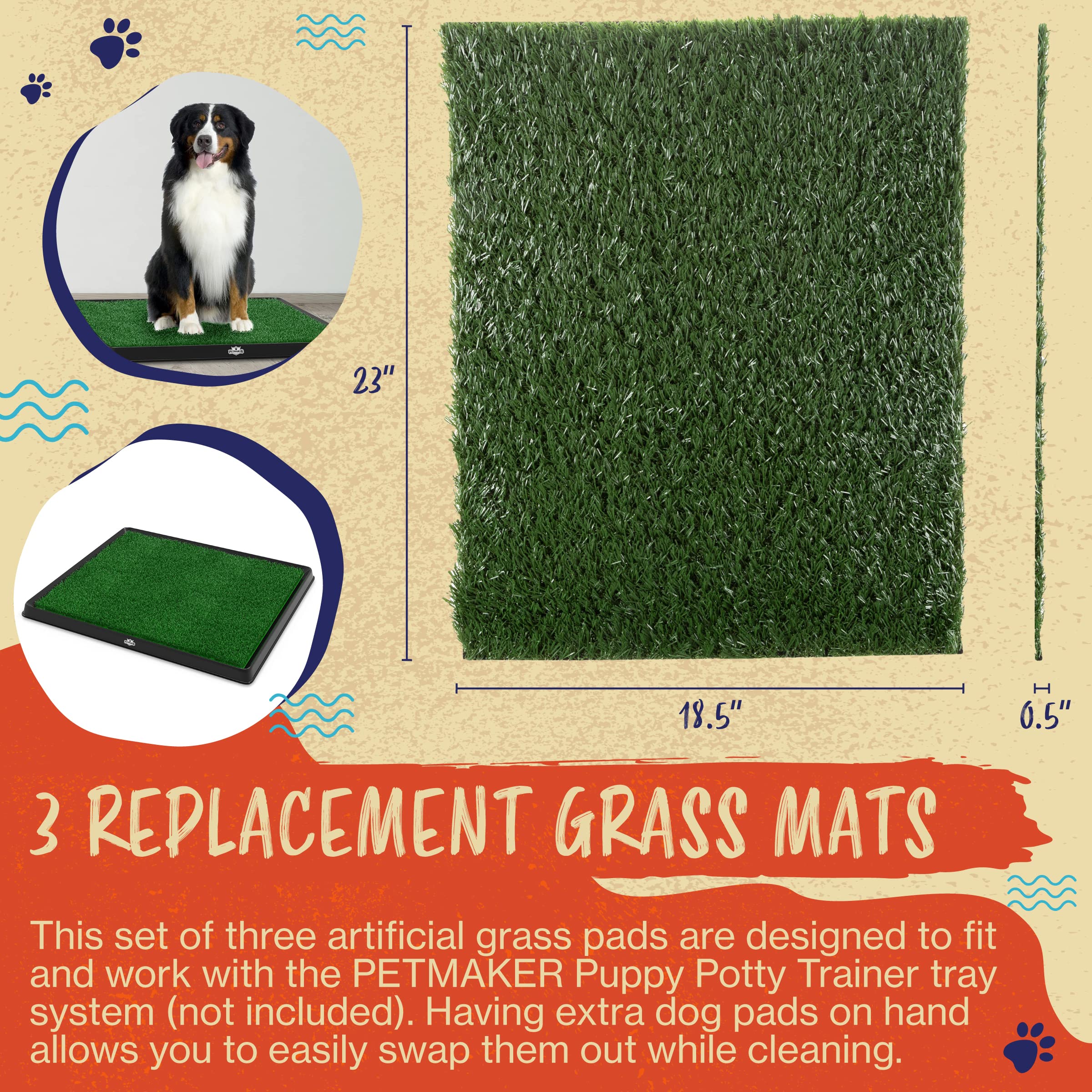 Pee Pads For Dogs - Set Of Three 23X18.5-Inch Replacement Turf Grass Mats For Potty Training - Dog Housebreaking Supplies For Sm