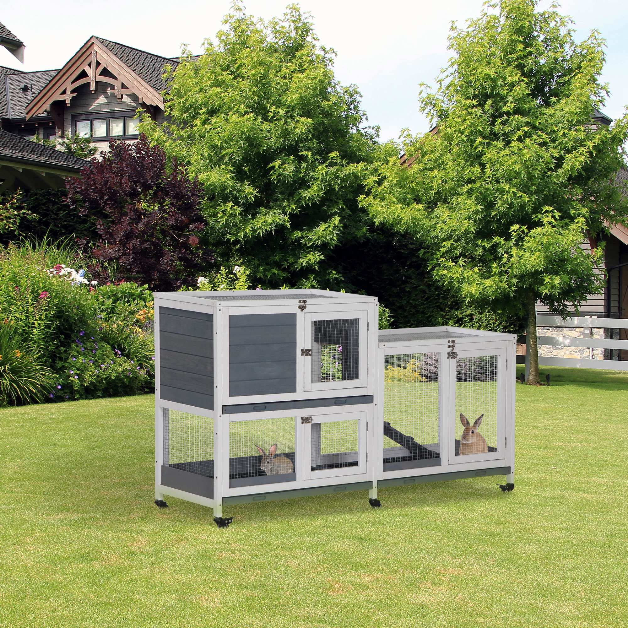 Pawhut Wooden Rabbit Hutch Bunny Hutch Elevated Pet House Cage Small Animal Habitat With No Leak Tray Lockable Door Openable Top For Indoor 57.75' X 18' X 32.5' Grey