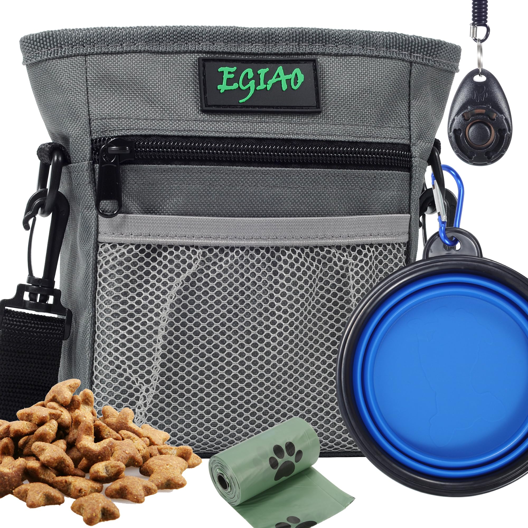 Egiao Dog Treat Pouch 2.0, Strong Magnetic Closure, Poop Bag Dispenser (Including Collapsible Dog Bowl, Training Clicker, Poop B
