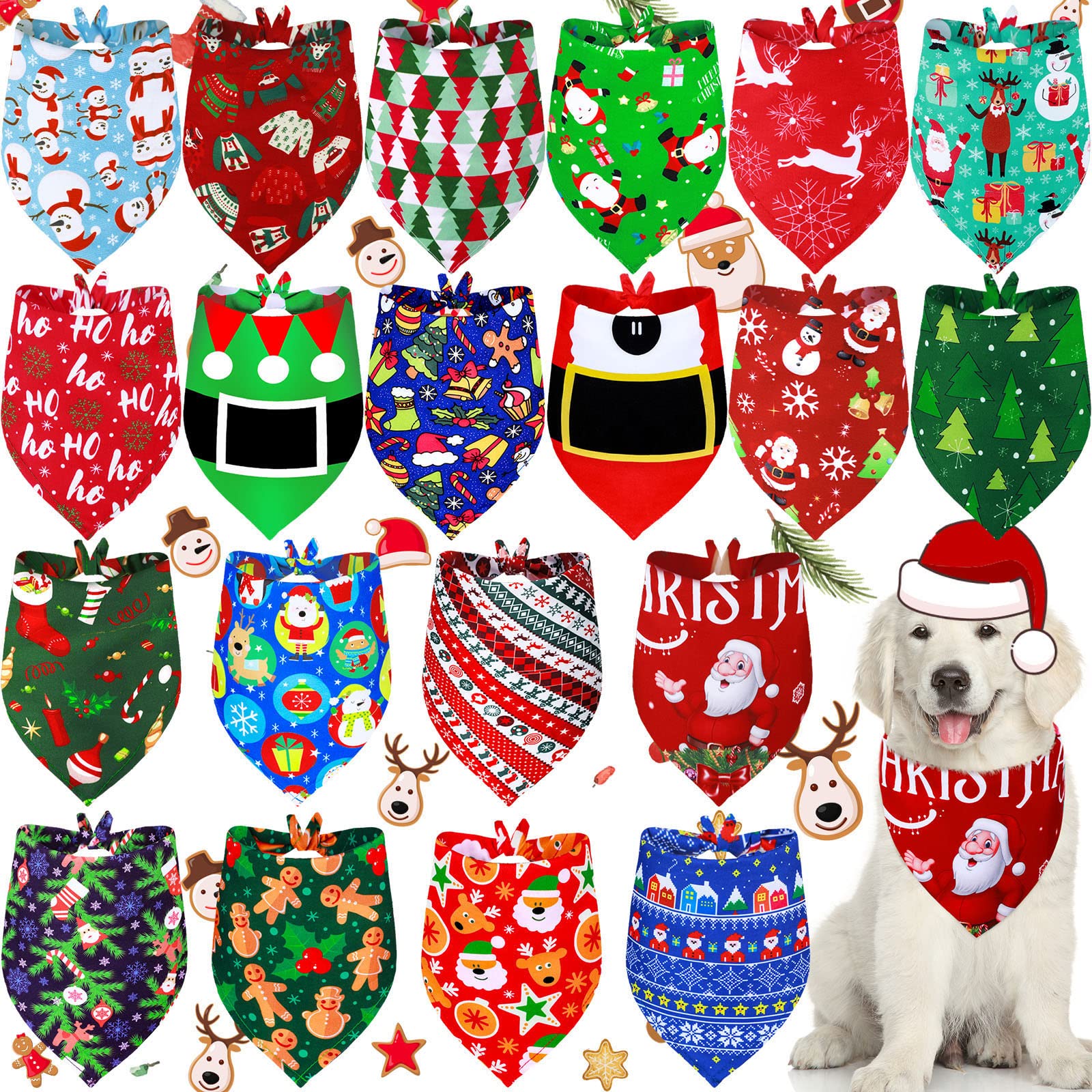 Weewooday 20 Pieces Christmas Dog Bandanas For Dogs Santa Claus Christmas Tree Triangle Pet Bib Adjustable Pet Bandana Soft Dogg