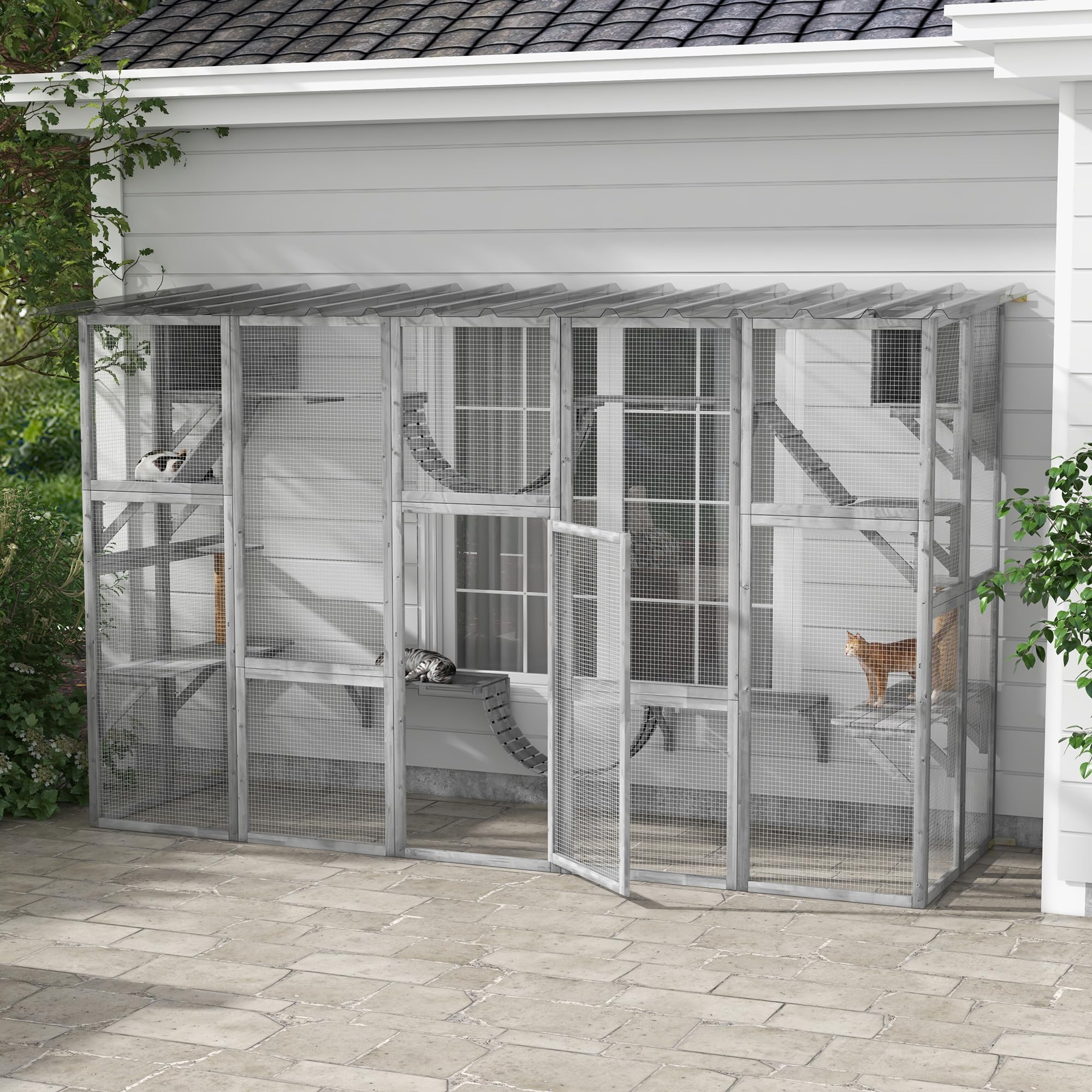 Pawhut Catio Playground Cat Window Box Outside Enclosure, Outdoor Cat House With Weather Protection Roof For Multiple Kitties, Wooden Frame, Shelves & Bridges, 118' X 37.5' X 74', Gray