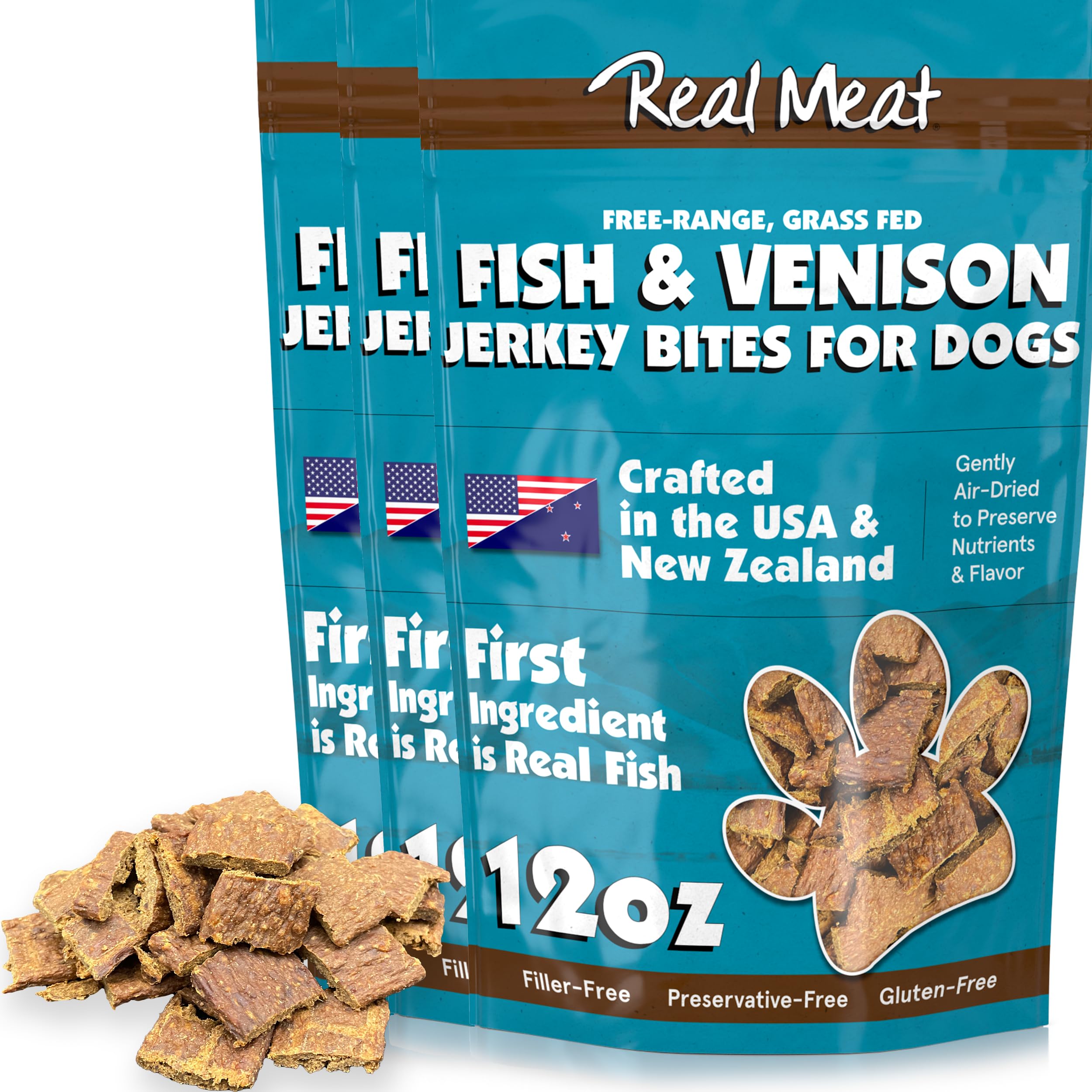 Real Meat Dog Treats - Three 12oz Bag of Bite-Sized Air-Dried Fish & Venison Jerky for Dogs - Grain-Free Jerky Dog Treats Made w