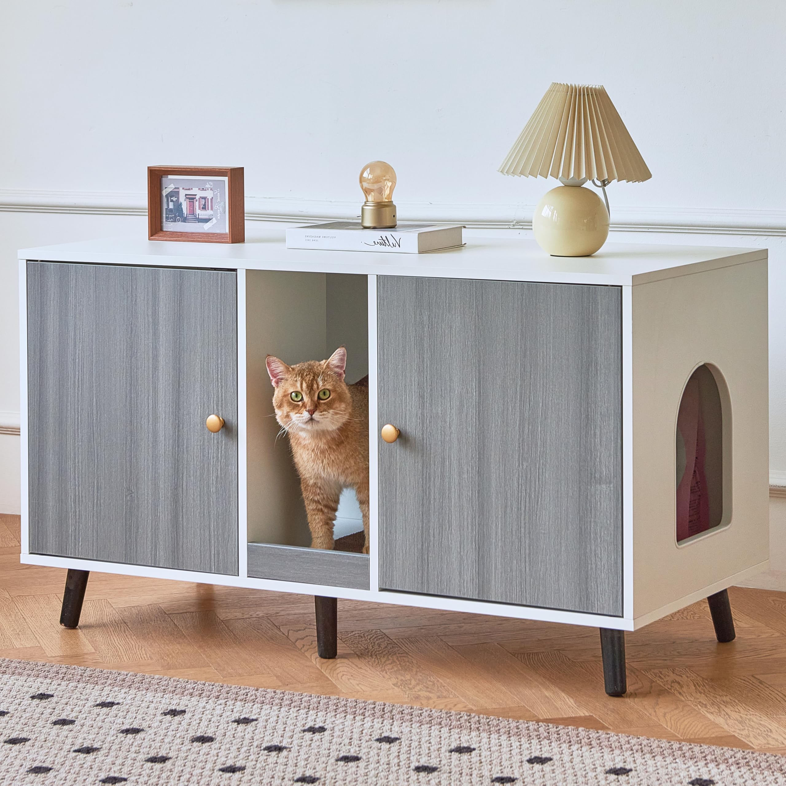 Litter Box Enclosure For 2 Cats - 42.5'' Double Room Cat Litter Box Cabinet Furniture With Scratching Pad, Indoor Hidden Cat Lit