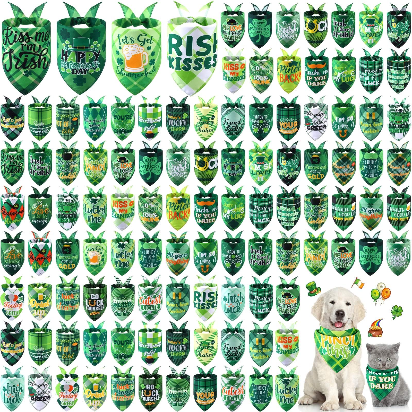 Sweetude 100 Pcs St Patrick'S Day Plaid Dog Bandanas Bulk With Sayings Irish Pet Scarf Bibs Adjustable Washable Holiday Costume 