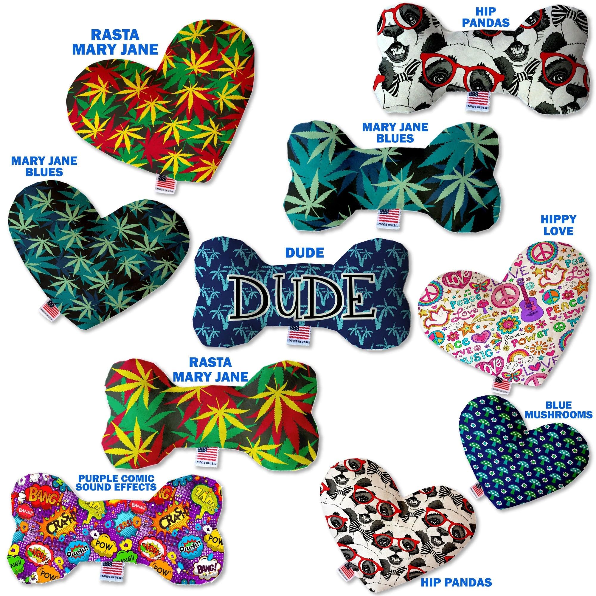 Pet, Dog Plush Heart or Bone Toy, &quot;Mary Jane Group&quot; (Available in different sizes, and 7 different pattern options!) Mary Jane Blues 10&quot; Plush Bone