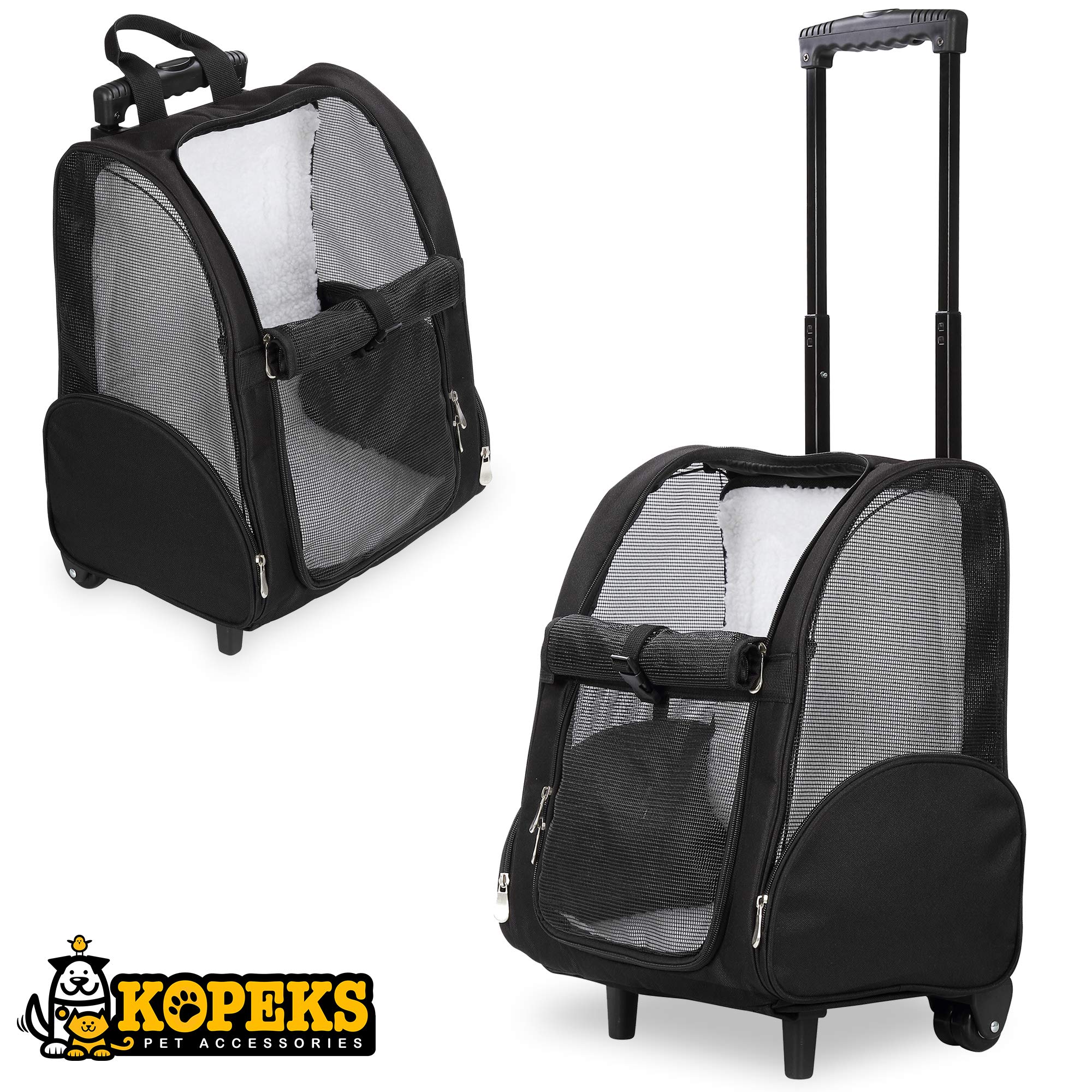 Kopeks Deluxe Backpack Pet Travel Carrier With Double Wheels For Pets Up To 10 Pounds - Black - Approved By Most Airlines