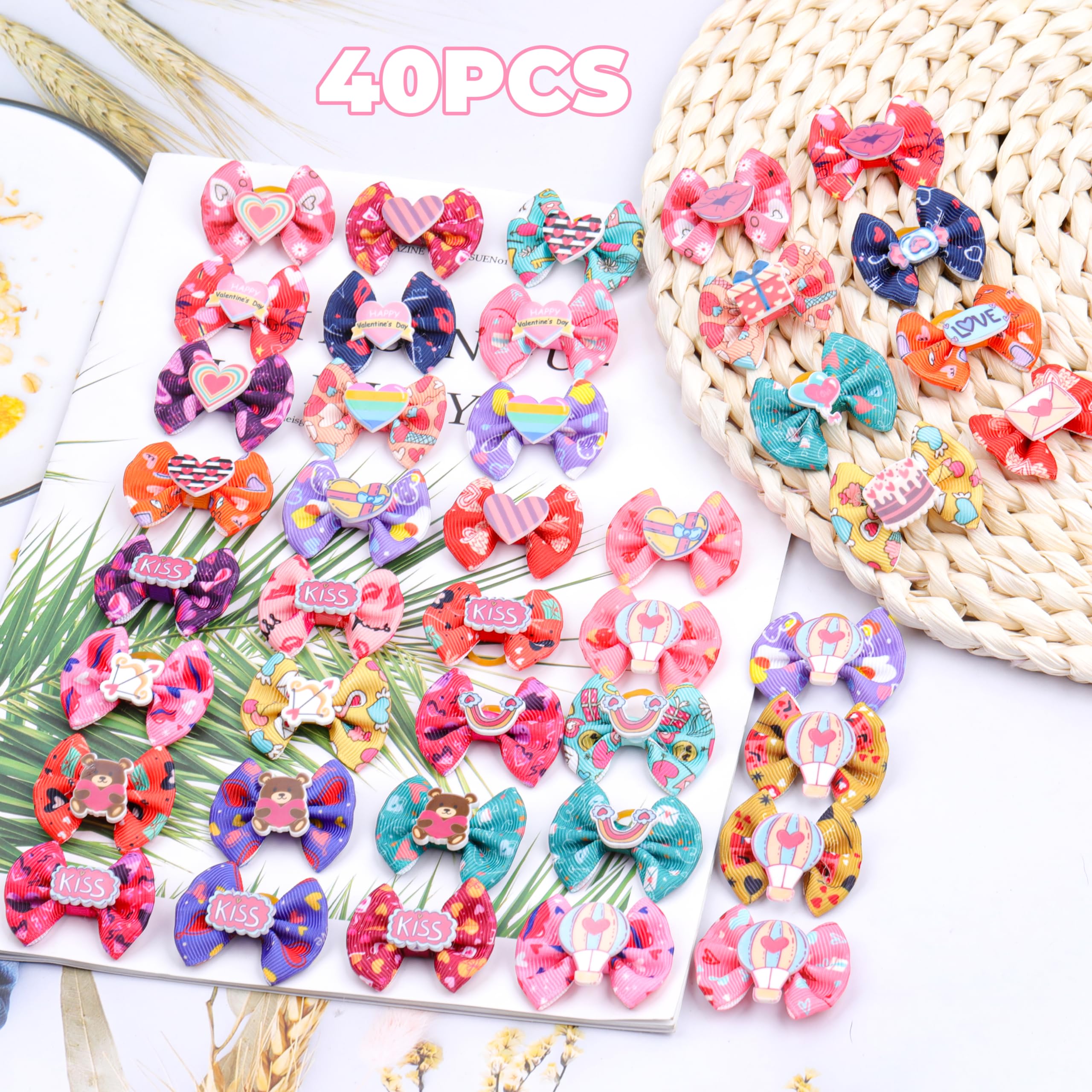 Petbuy 40Pcs Cute Puppy Dog Bowknot Hair Bows With Rubber Bands - Small Dog Hair Accessories For Party (Mixcolors)