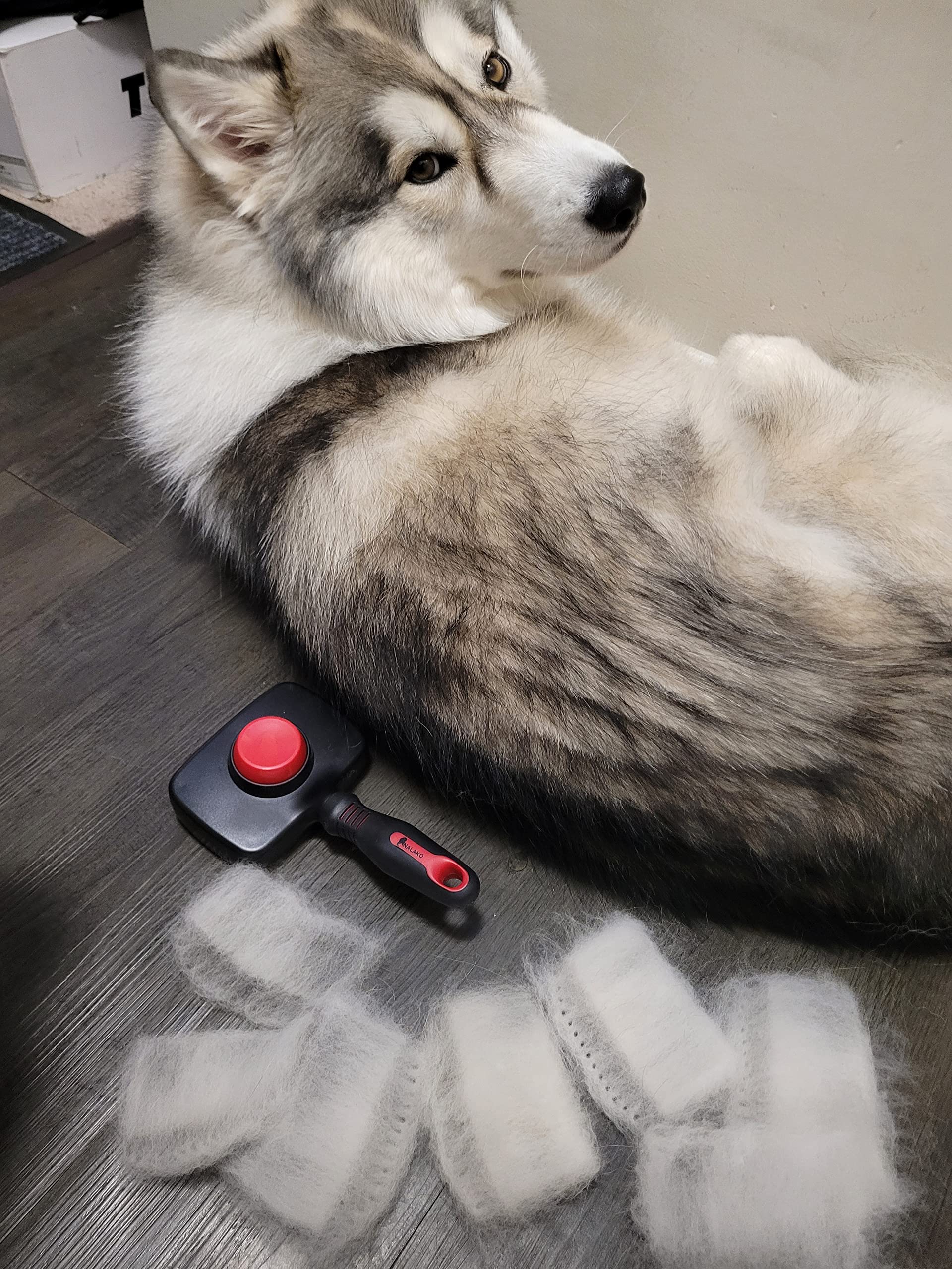 Nalako Self Cleaning Slicker Two In One Brush - Updated Button - Slicker & Undercoat Rake - Remove Shedding Dog Hair, Undercoat & Mats, For Medium & Long Haired Dogs, Great For Husky, Gsd