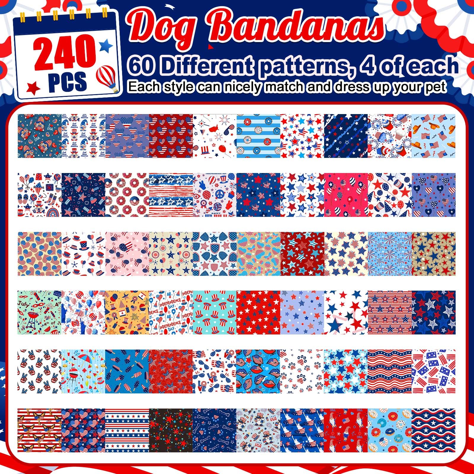 Geyoga 240 Pcs Patriotic Dog Bandanas Bulk Labor Day Bandanas for Dog Bibs America Flag Triangle Kerchief Scarf Adjustable Necke