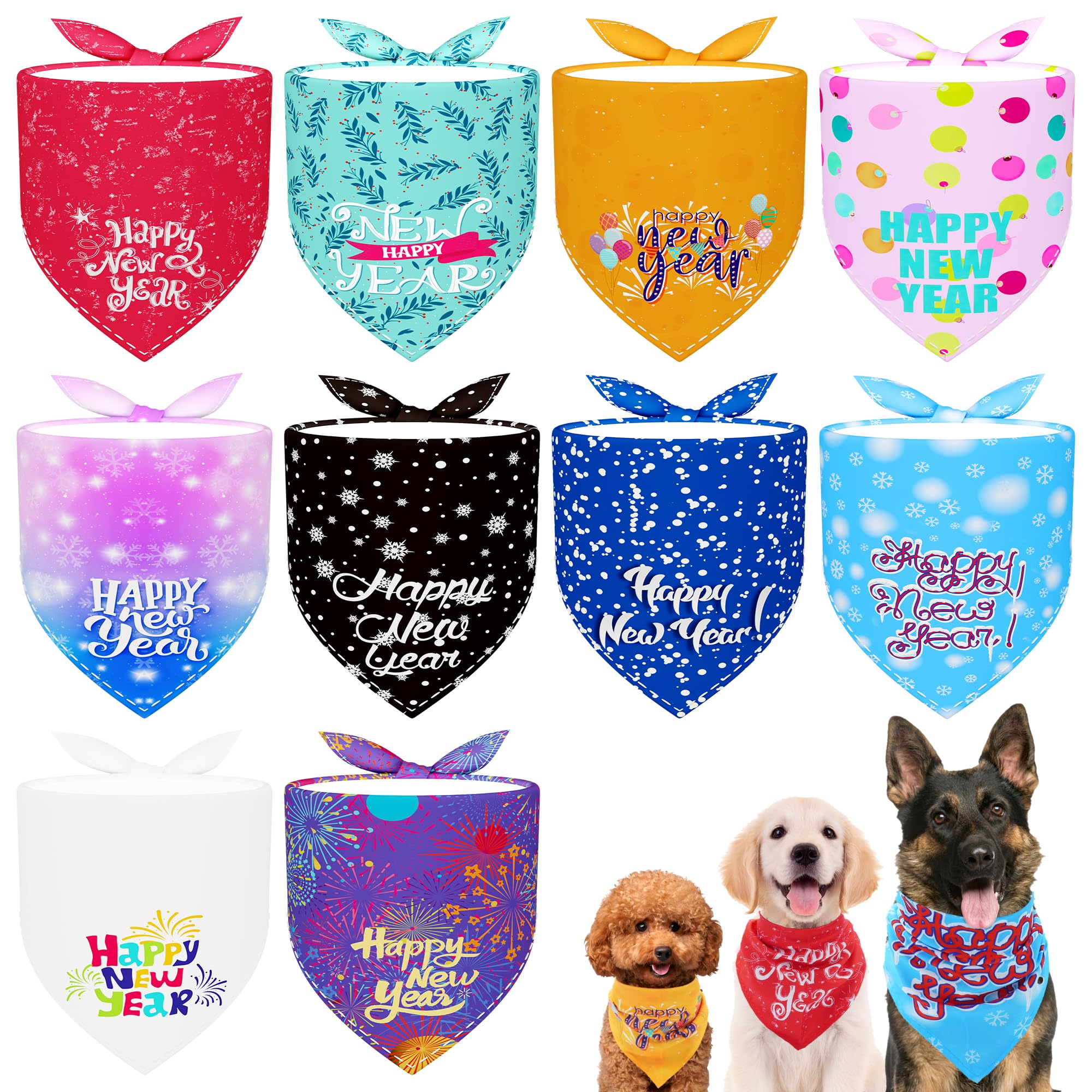 JpGdn 10PCS Dog Bandanas Happy New Year for Large Breed Dog XL XXL Kerchief Triangle Bibs Head Scarves for Boys and Girls Groomi
