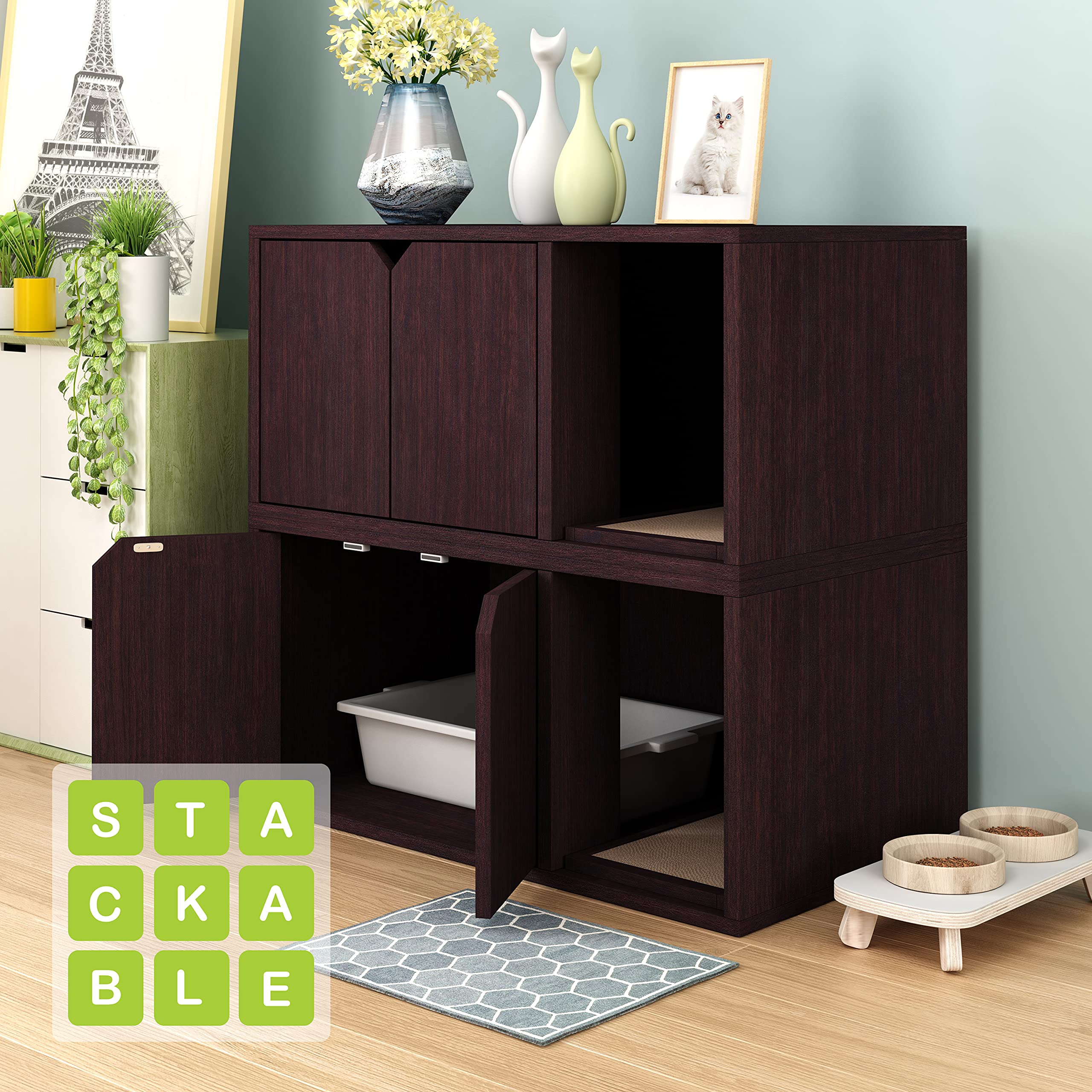 Way Basics Cat Litter Box Enclosure Hidden Furniture (Scratch Pad Included)