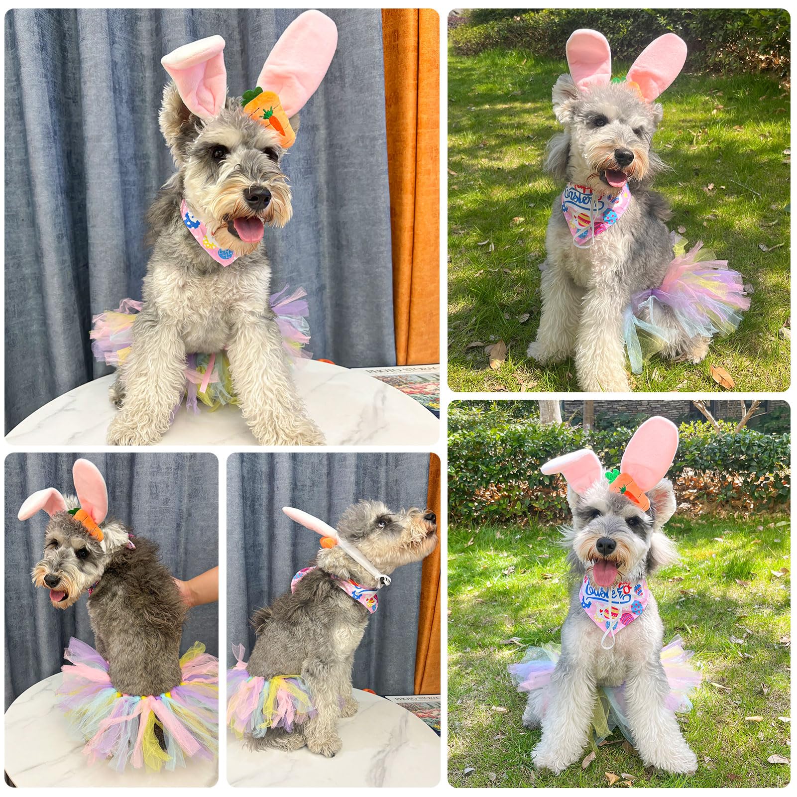 Scenereal Easter Dog Bandana Outfit With Cute Bunny Ears Headband And Tutu Dress, Puppy Holiday Costume Accessory, Pink Eggs Rab