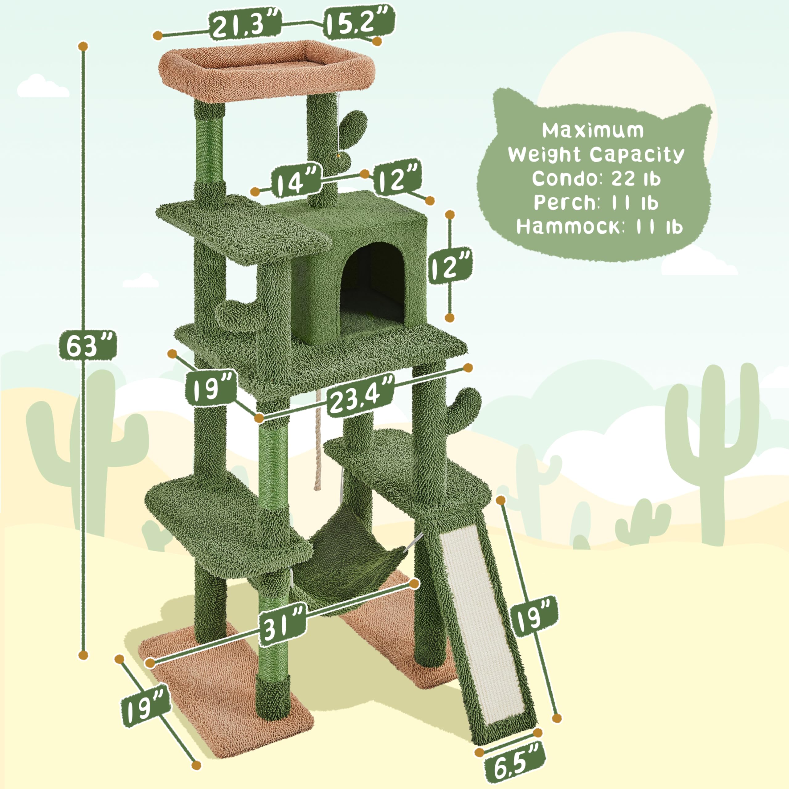 Yaheetech 63in Cactus Cat Tree with Scratching Posts, Condo & Hammock, Green/Brown, Model YT-00132499-63